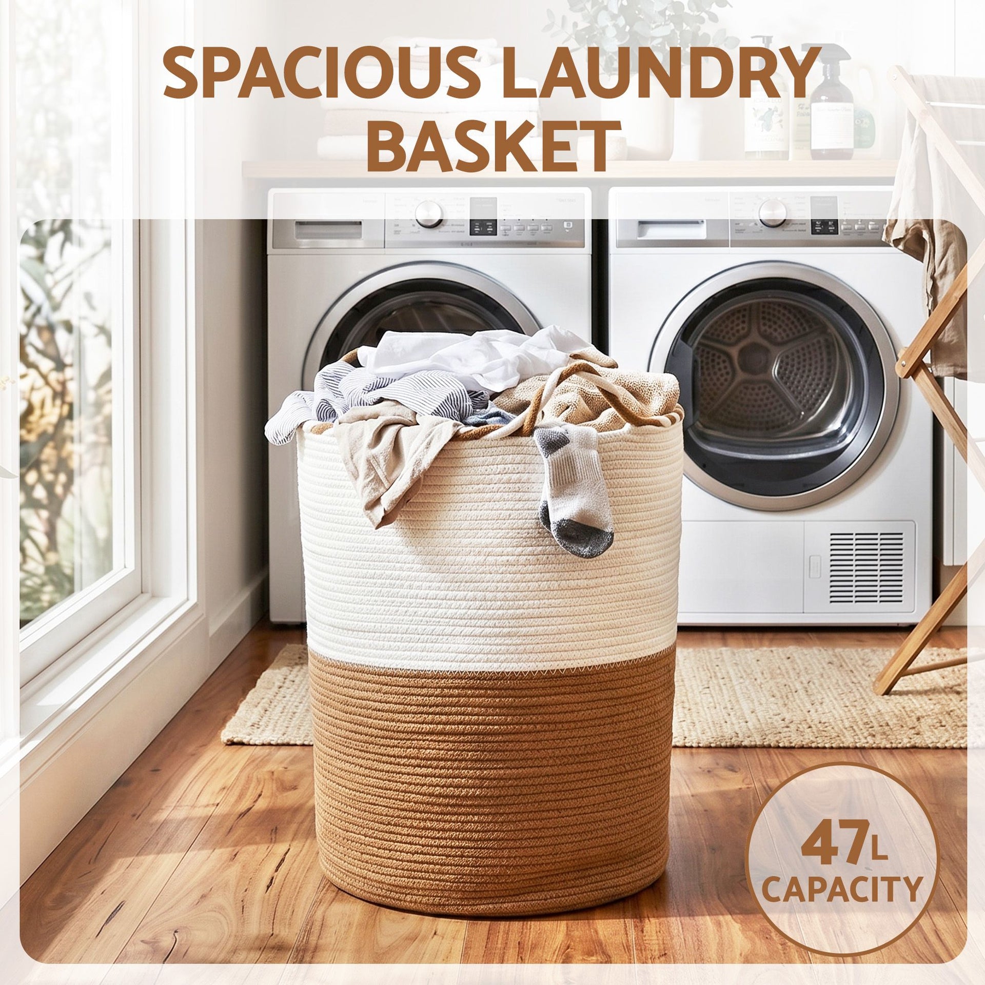 Artiss Woven Laundry Basket with handles Foldable White & Brown Awezingly