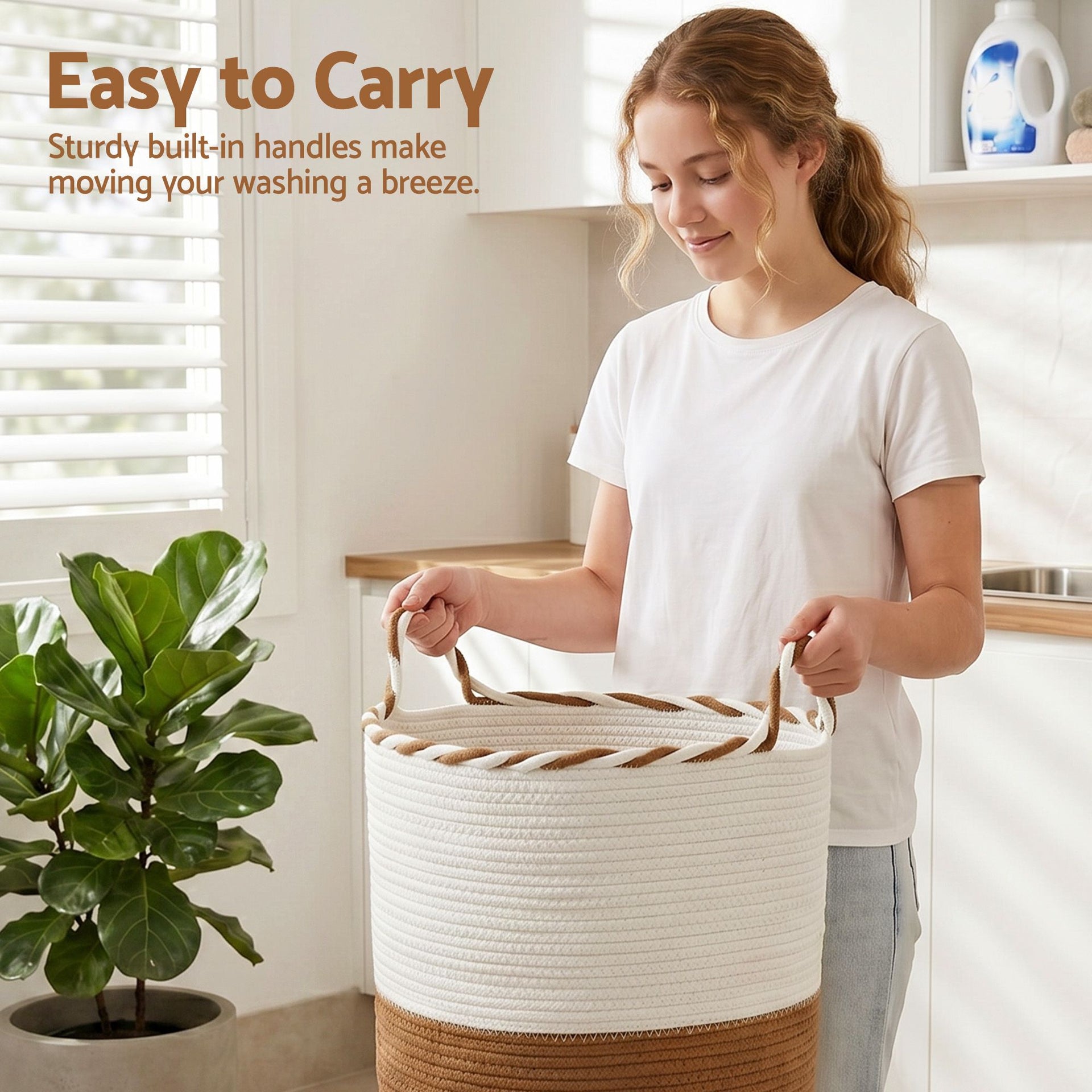 Artiss Woven Laundry Basket with handles Foldable White & Brown Awezingly