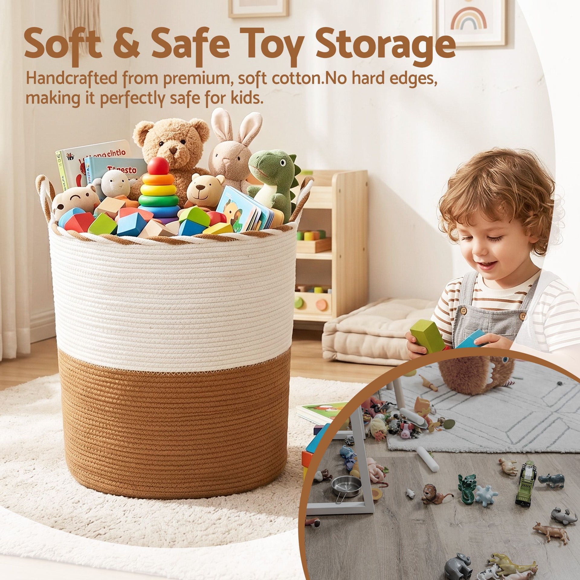 Artiss Woven Laundry Basket with handles Foldable White & Brown Awezingly