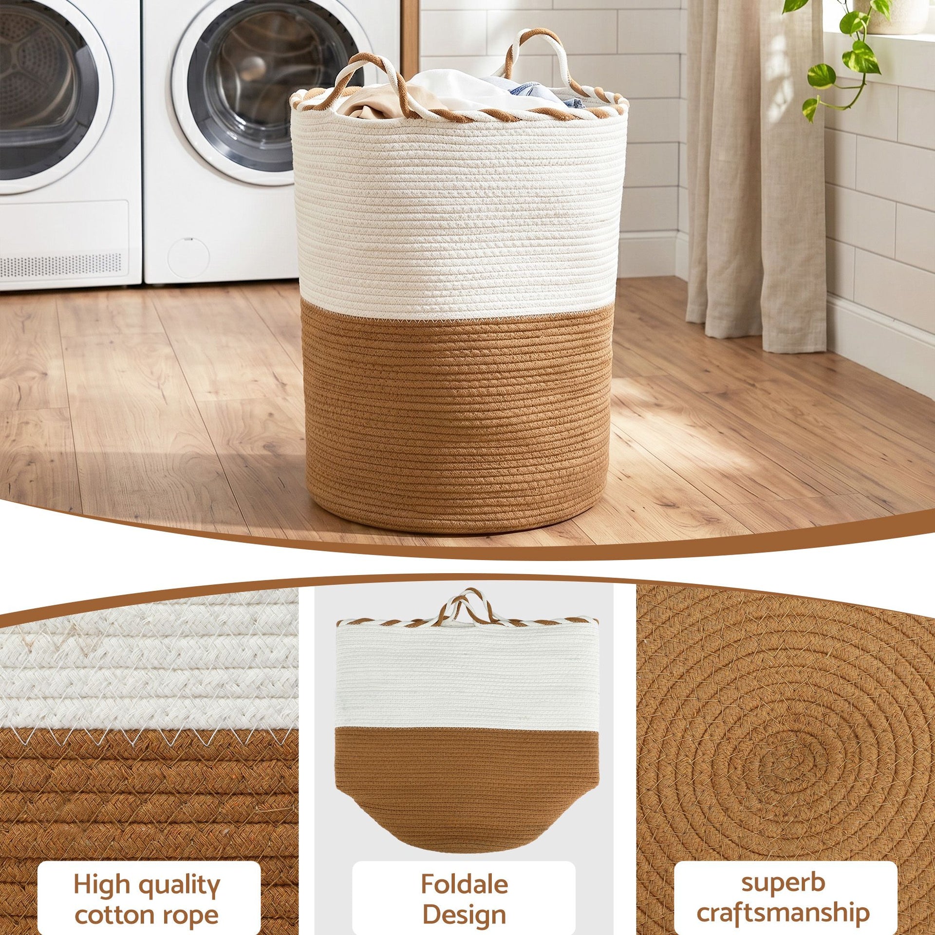 Artiss Woven Laundry Basket with handles Foldable White & Brown Awezingly