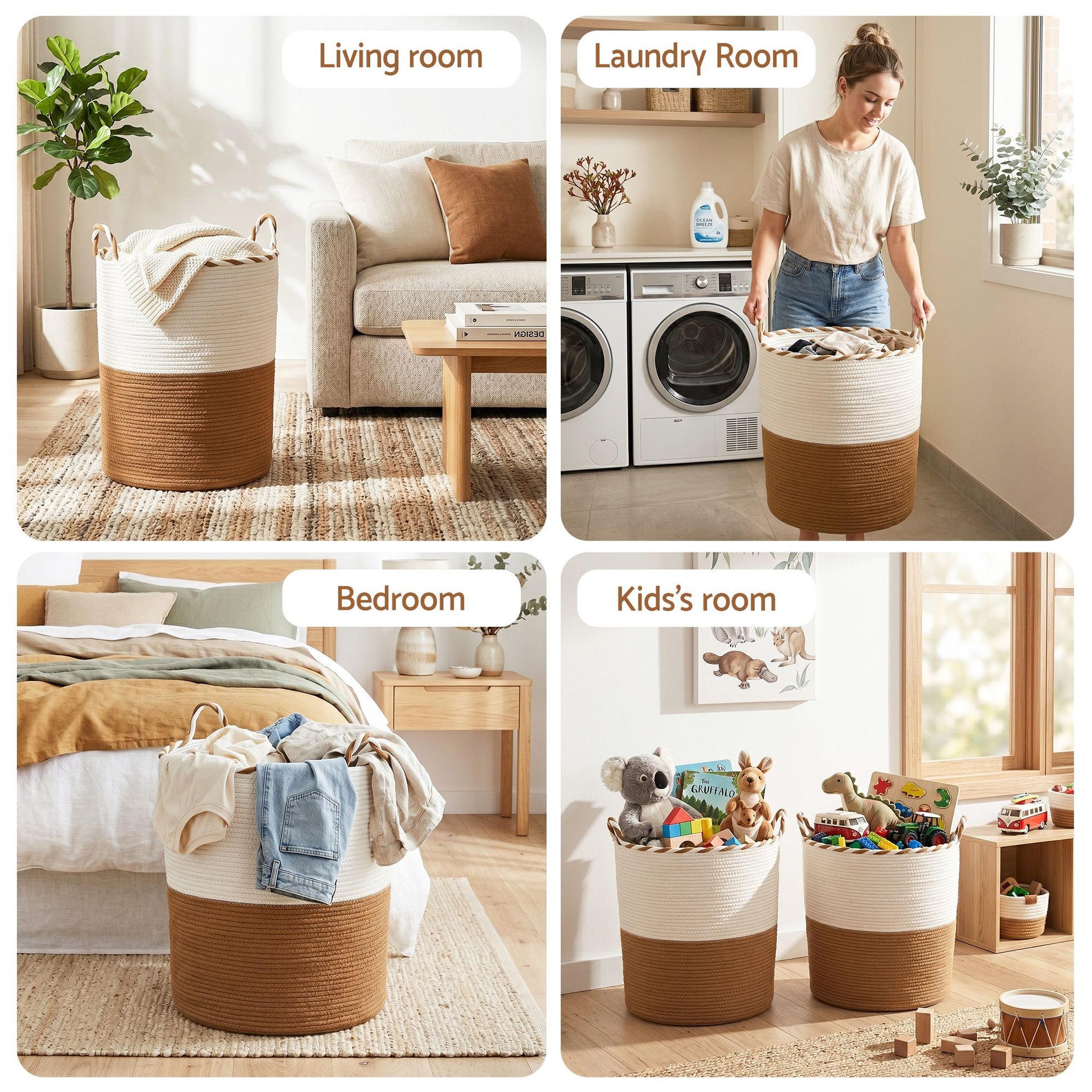 Artiss Woven Laundry Basket with handles Foldable White & Brown Awezingly