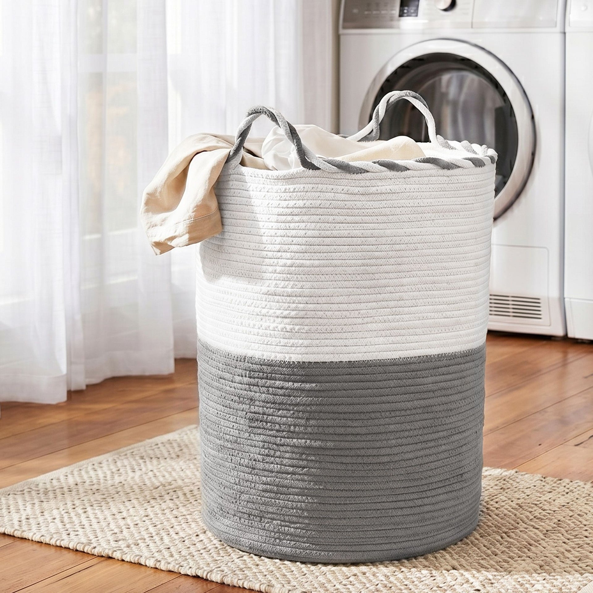 Artiss Woven Laundry Basket with handles Foldable White & Grey Awezingly