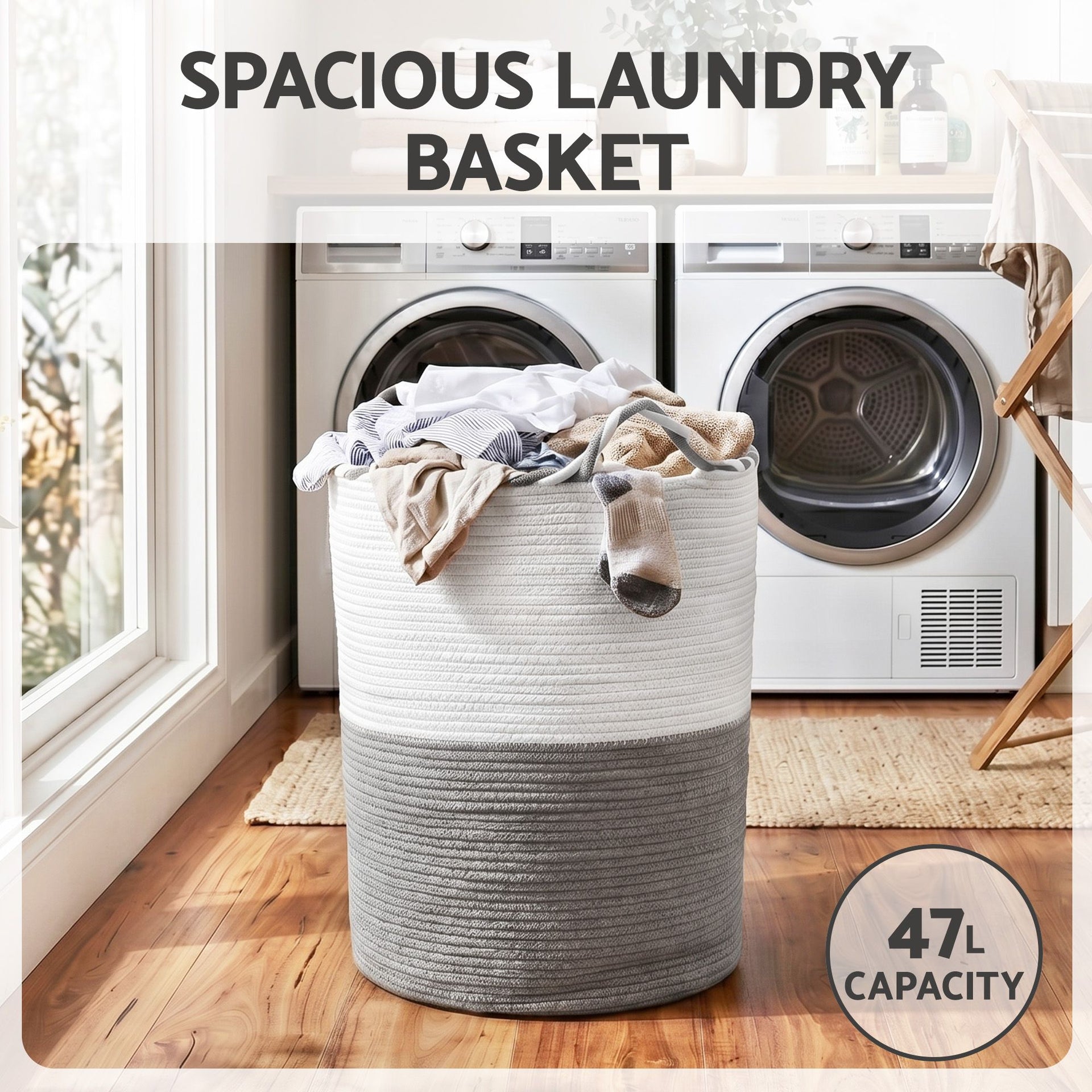 Artiss Woven Laundry Basket with handles Foldable White & Grey Awezingly