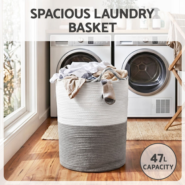 Artiss Woven Laundry Basket with handles Foldable White & Grey Awezingly