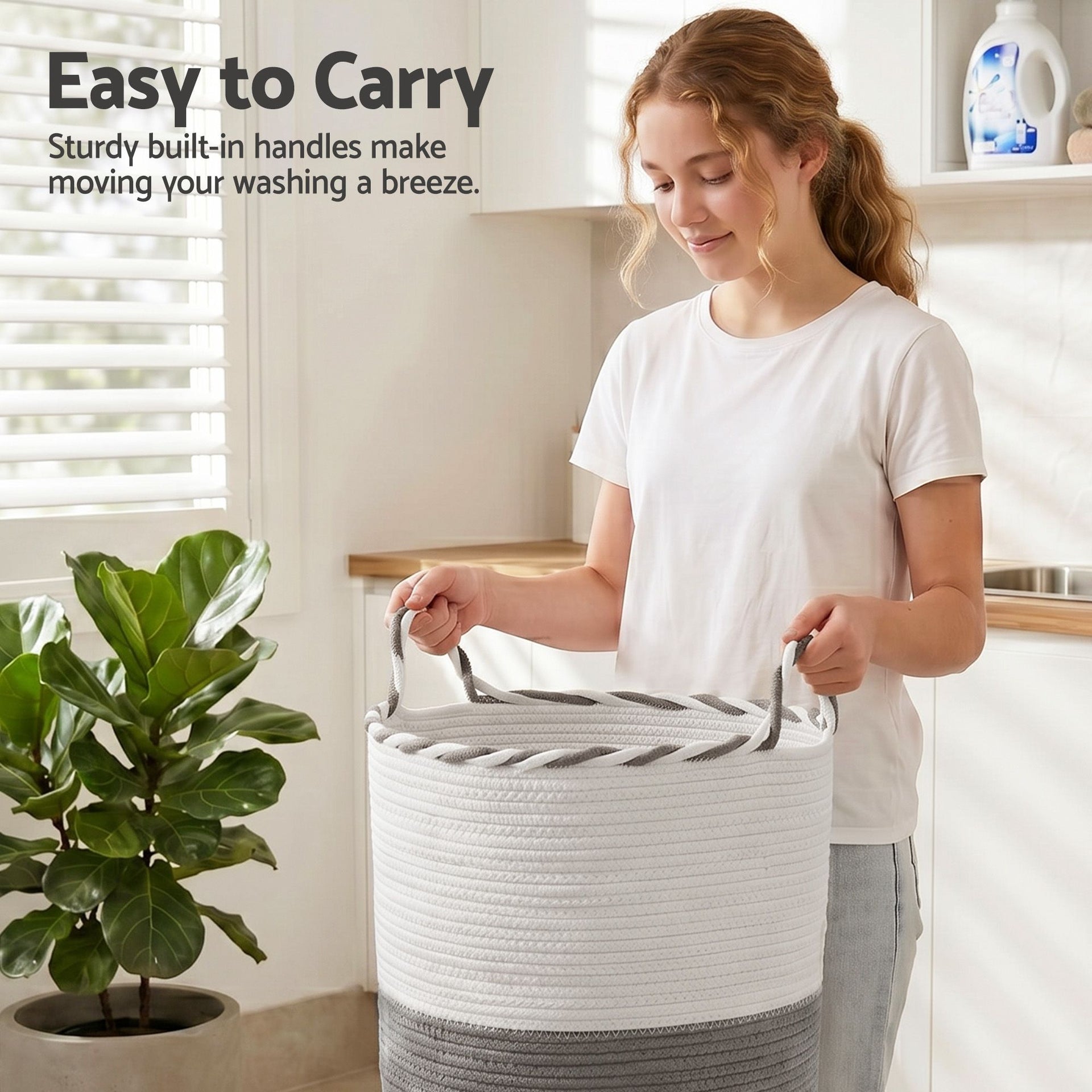 Artiss Woven Laundry Basket with handles Foldable White & Grey Awezingly