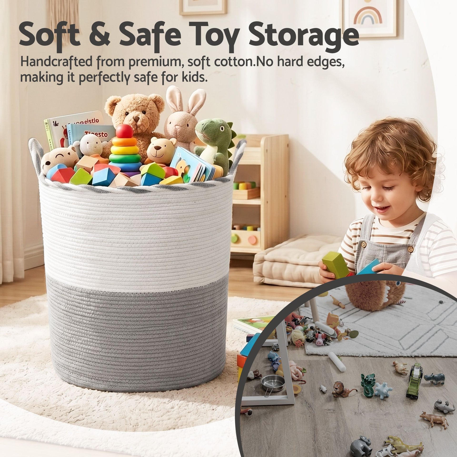 Artiss Woven Laundry Basket with handles Foldable White & Grey Awezingly