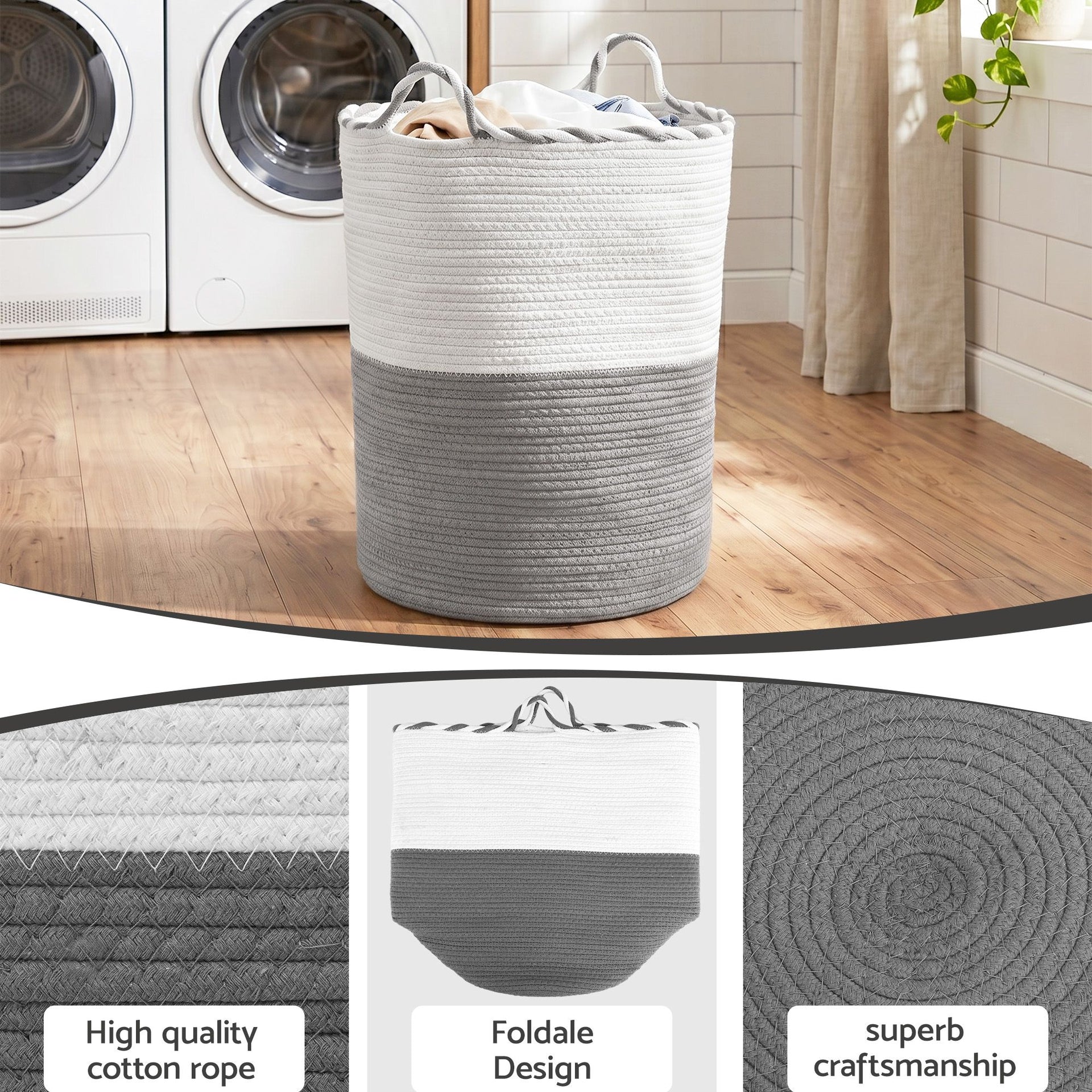 Artiss Woven Laundry Basket with handles Foldable White & Grey Awezingly