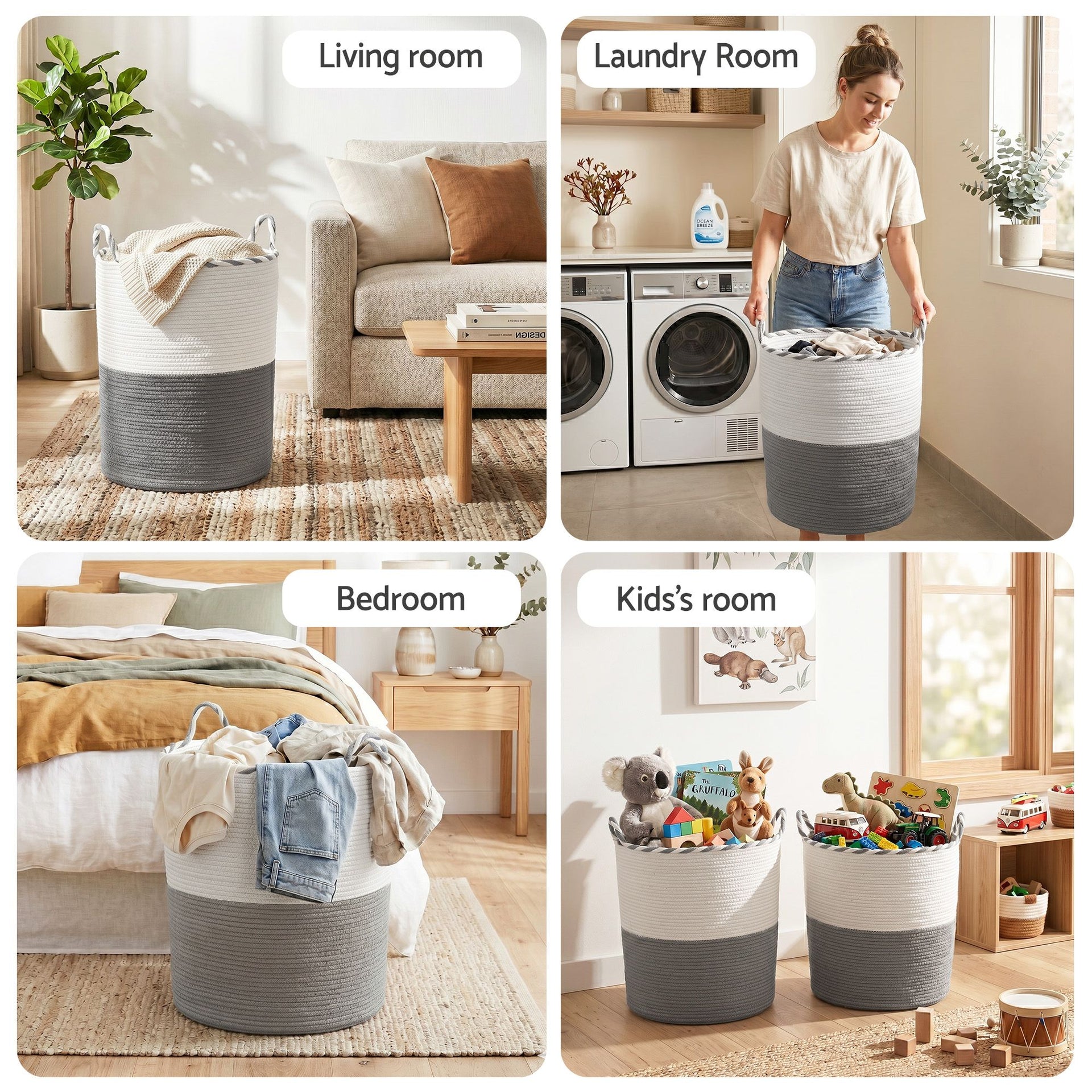 Artiss Woven Laundry Basket with handles Foldable White & Grey Awezingly