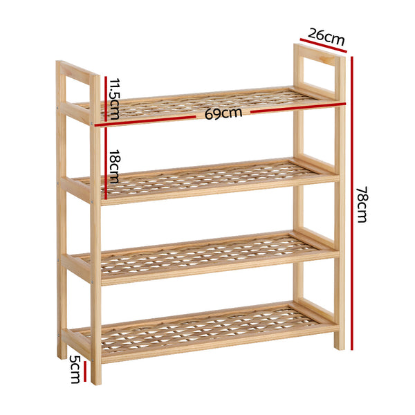 Artiss 4-tier Shoe Rack 12 Pairs Shoe Storage Weaved Shelves Solid Wood Frame Artiss