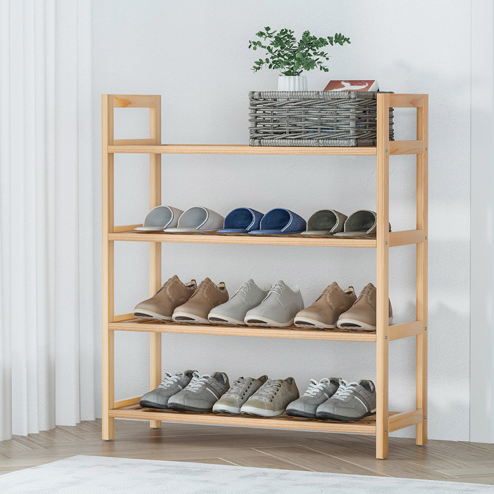 Artiss 4-tier Shoe Rack 12 Pairs Shoe Storage Weaved Shelves Solid Wood Frame Artiss
