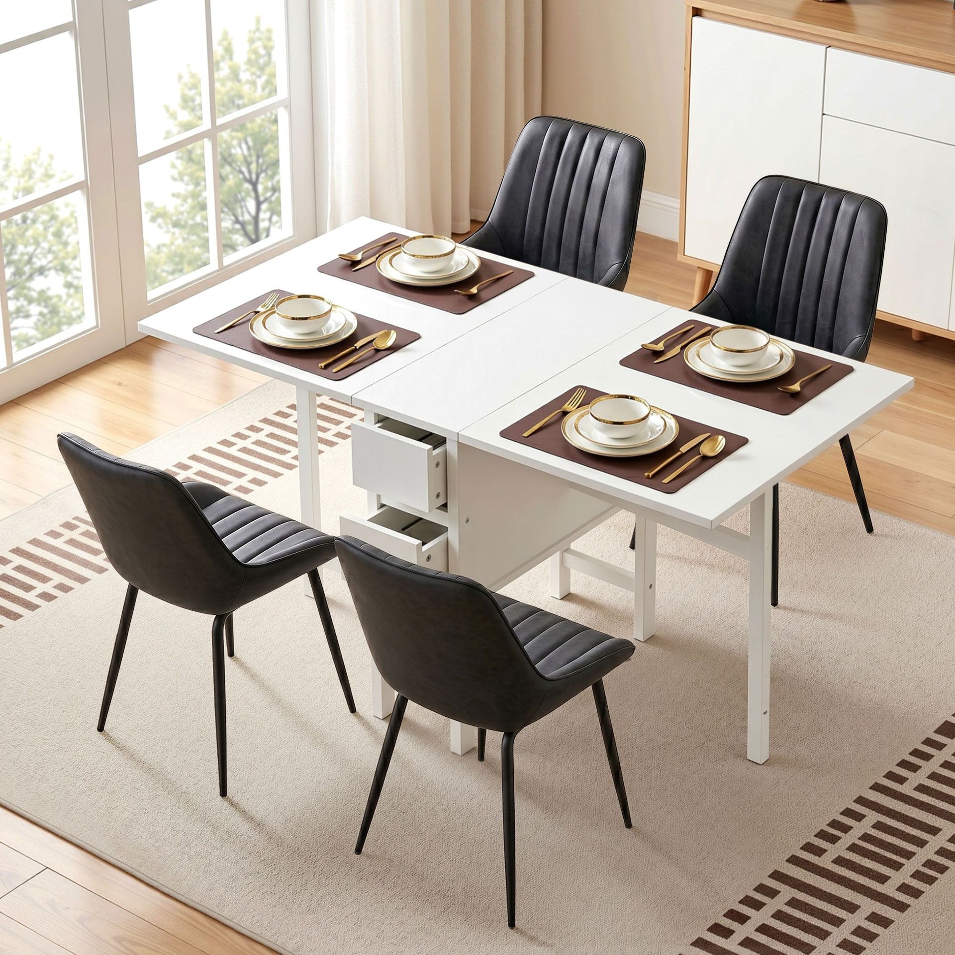 Artiss Dining Table and Chairs Set 5pcs Foldable Kitchen Furniture with 2 Drawers Black and White Awezingly