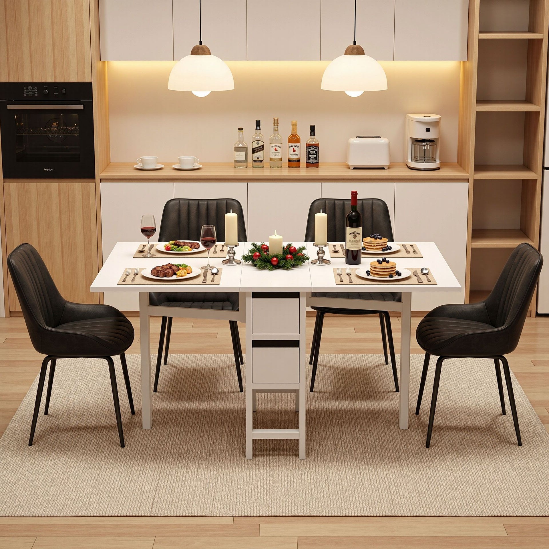 Artiss Dining Table and Chairs Set 5pcs Foldable Kitchen Furniture with 2 Drawers Black and White Awezingly