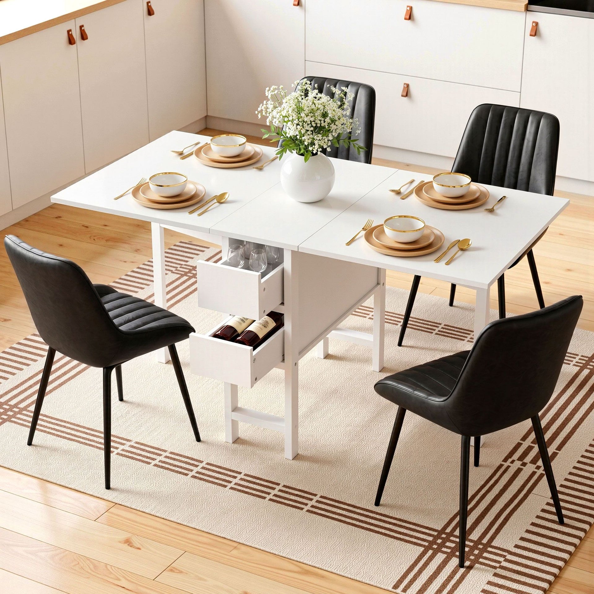 Artiss Dining Table and Chairs Set 5pcs Foldable Kitchen Furniture with 2 Drawers Black and White Awezingly