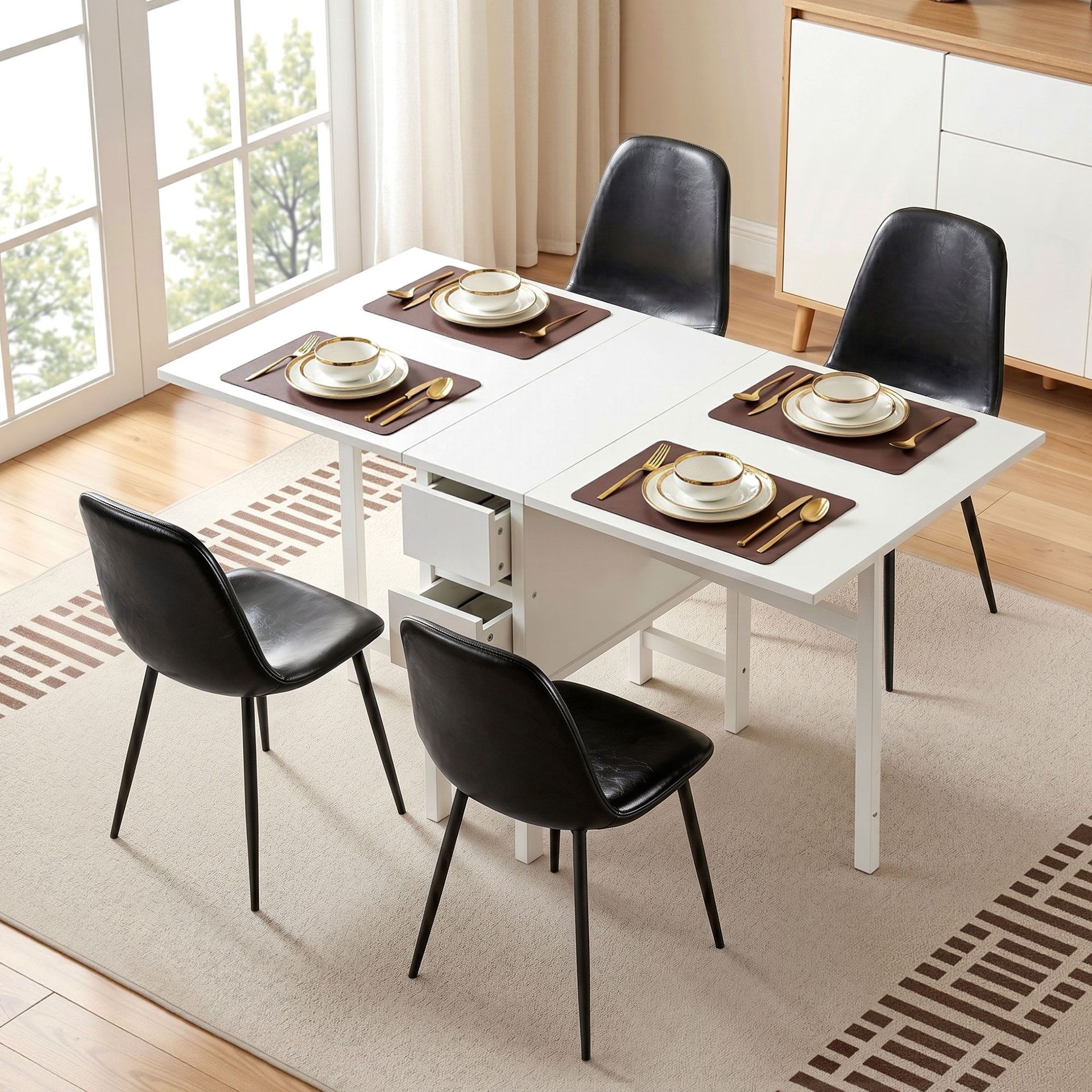 Artiss Dining Table and Chairs Set 5pcs Foldable with 2 Drawers Black and White Awezingly