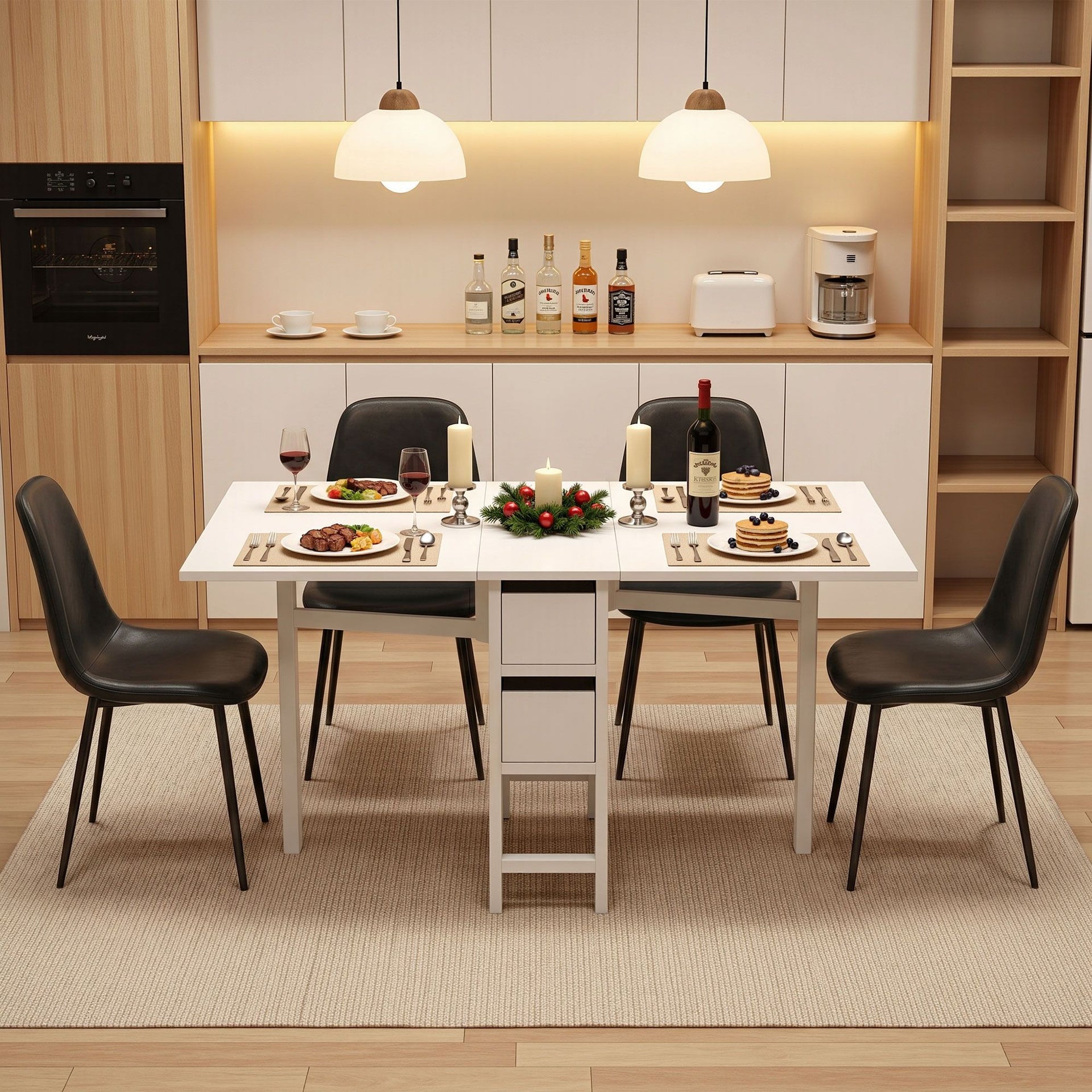 Artiss Dining Table and Chairs Set 5pcs Foldable with 2 Drawers Black and White Awezingly