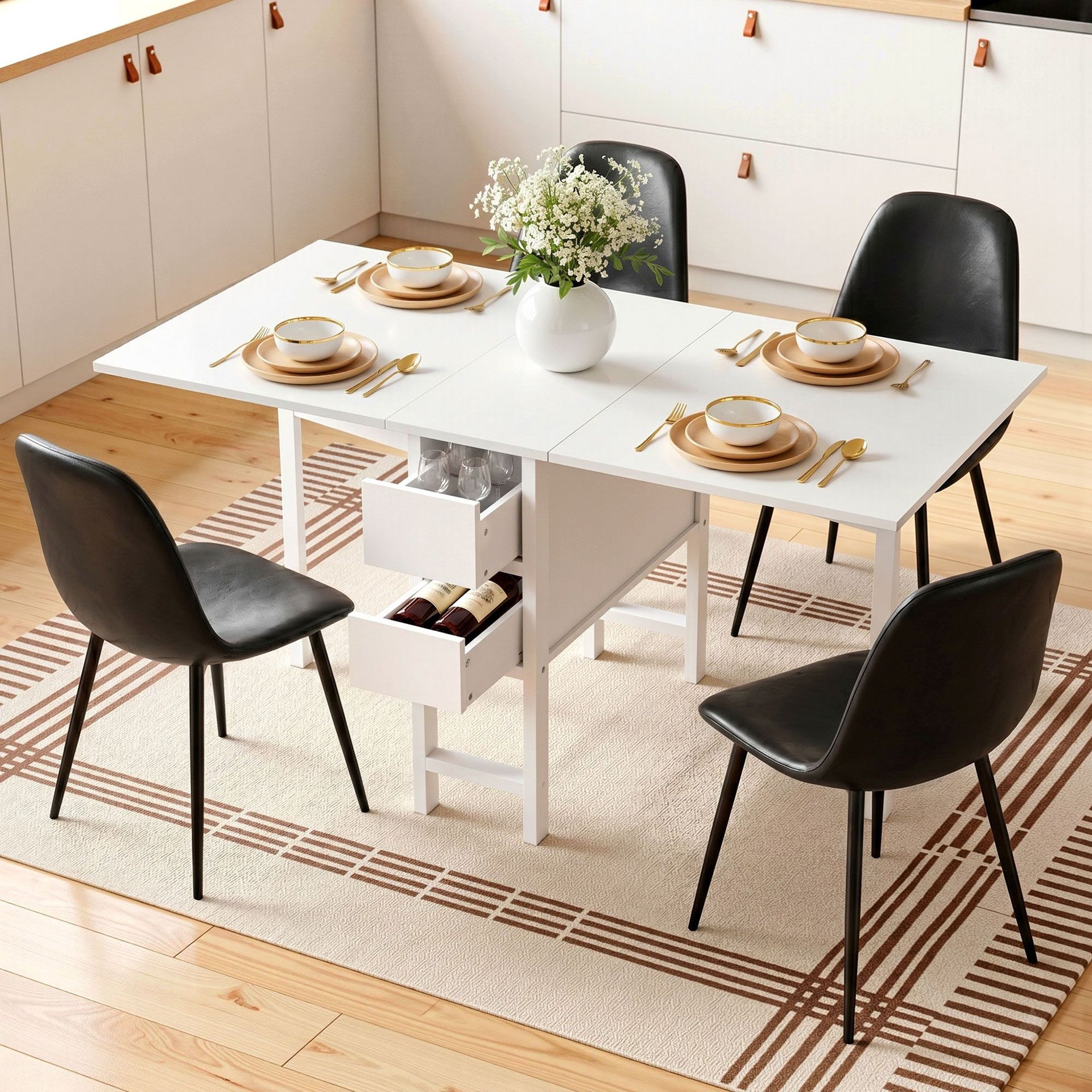 Artiss Dining Table and Chairs Set 5pcs Foldable with 2 Drawers Black and White Awezingly
