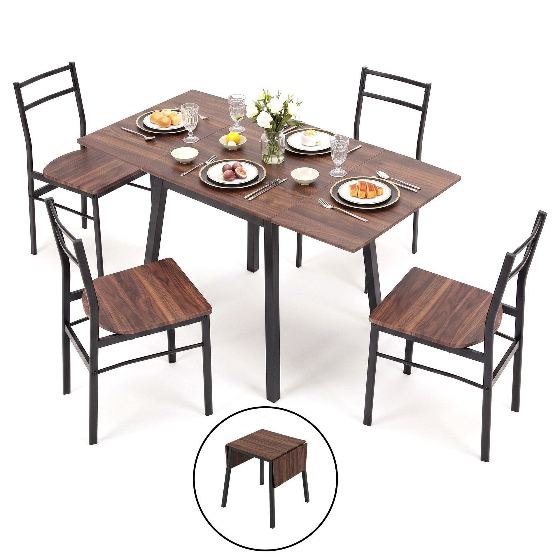 Artiss Dining Table and Chairs Set 5pcs with Extendable 60-120cm Drop-Leaf Table Brown Awezingly