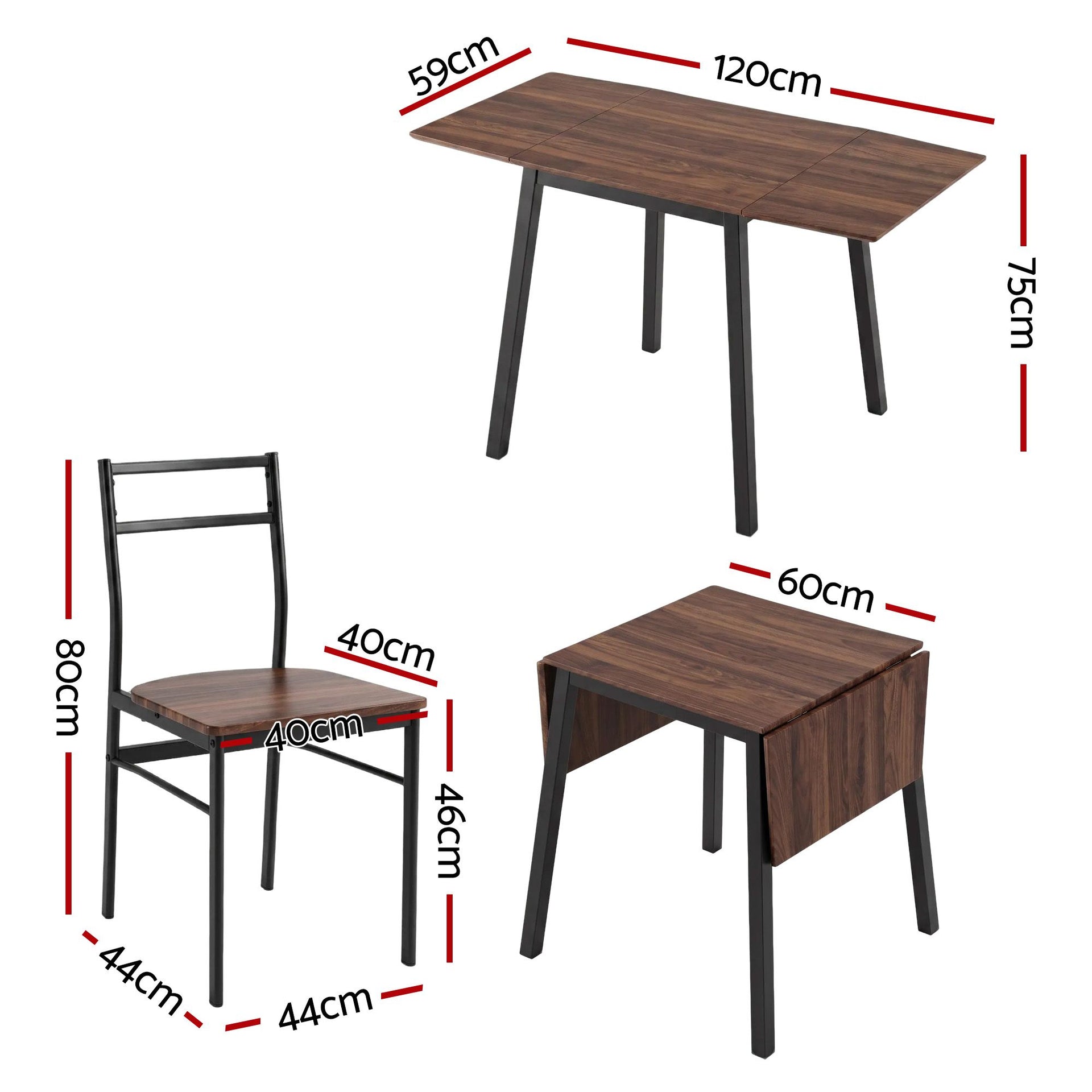 Artiss Dining Table and Chairs Set 5pcs with Extendable 60-120cm Drop-Leaf Table Brown Awezingly