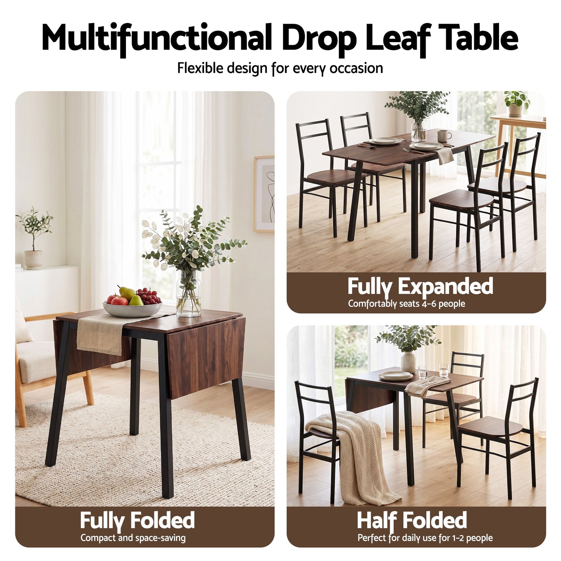 Artiss Dining Table and Chairs Set 5pcs with Extendable 60-120cm Drop-Leaf Table Brown Awezingly