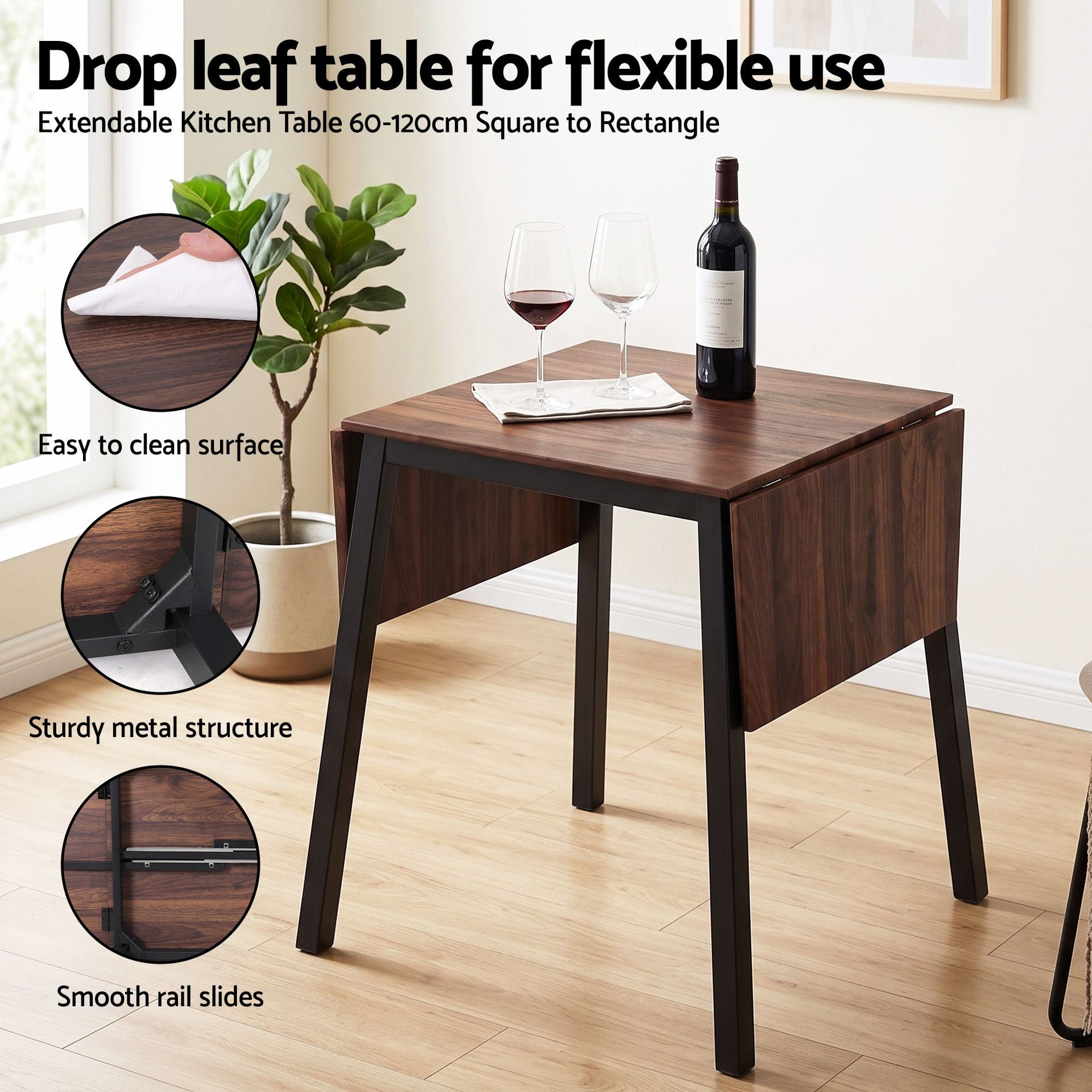 Artiss Dining Table and Chairs Set 5pcs with Extendable 60-120cm Drop-Leaf Table Brown Awezingly