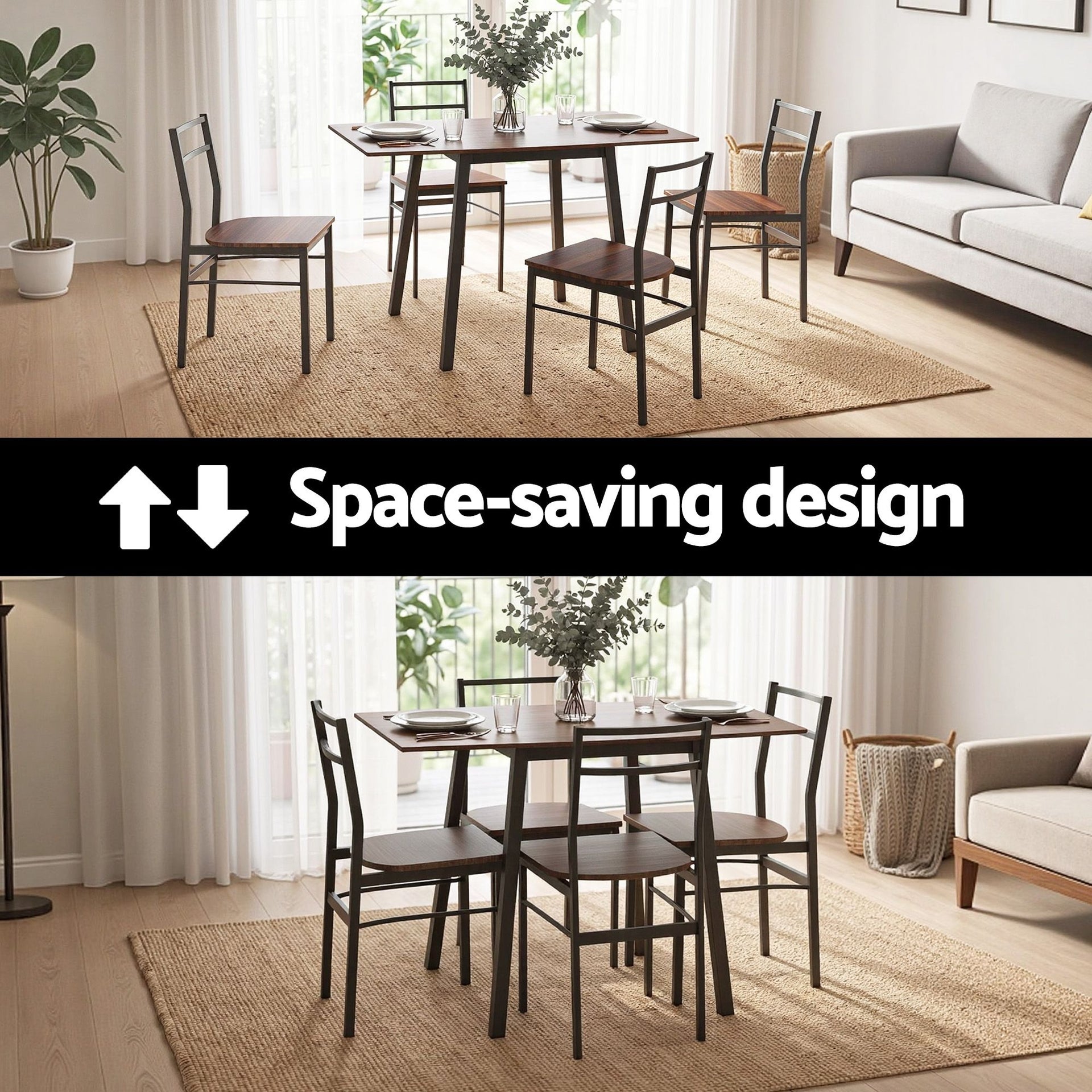 Artiss Dining Table and Chairs Set 5pcs with Extendable 60-120cm Drop-Leaf Table Brown Awezingly