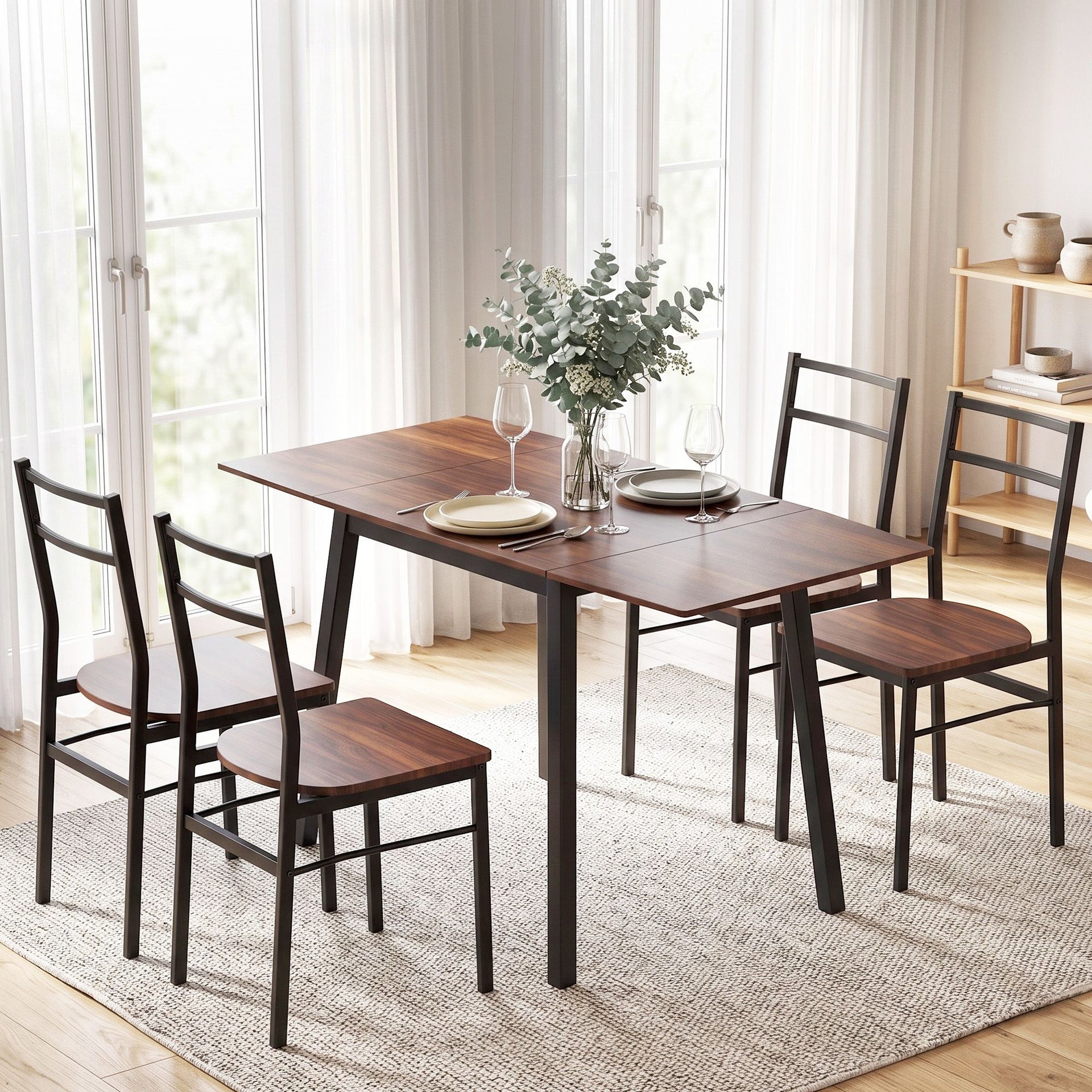 Artiss Dining Table and Chairs Set 5pcs with Extendable 60-120cm Drop-Leaf Table Brown Awezingly