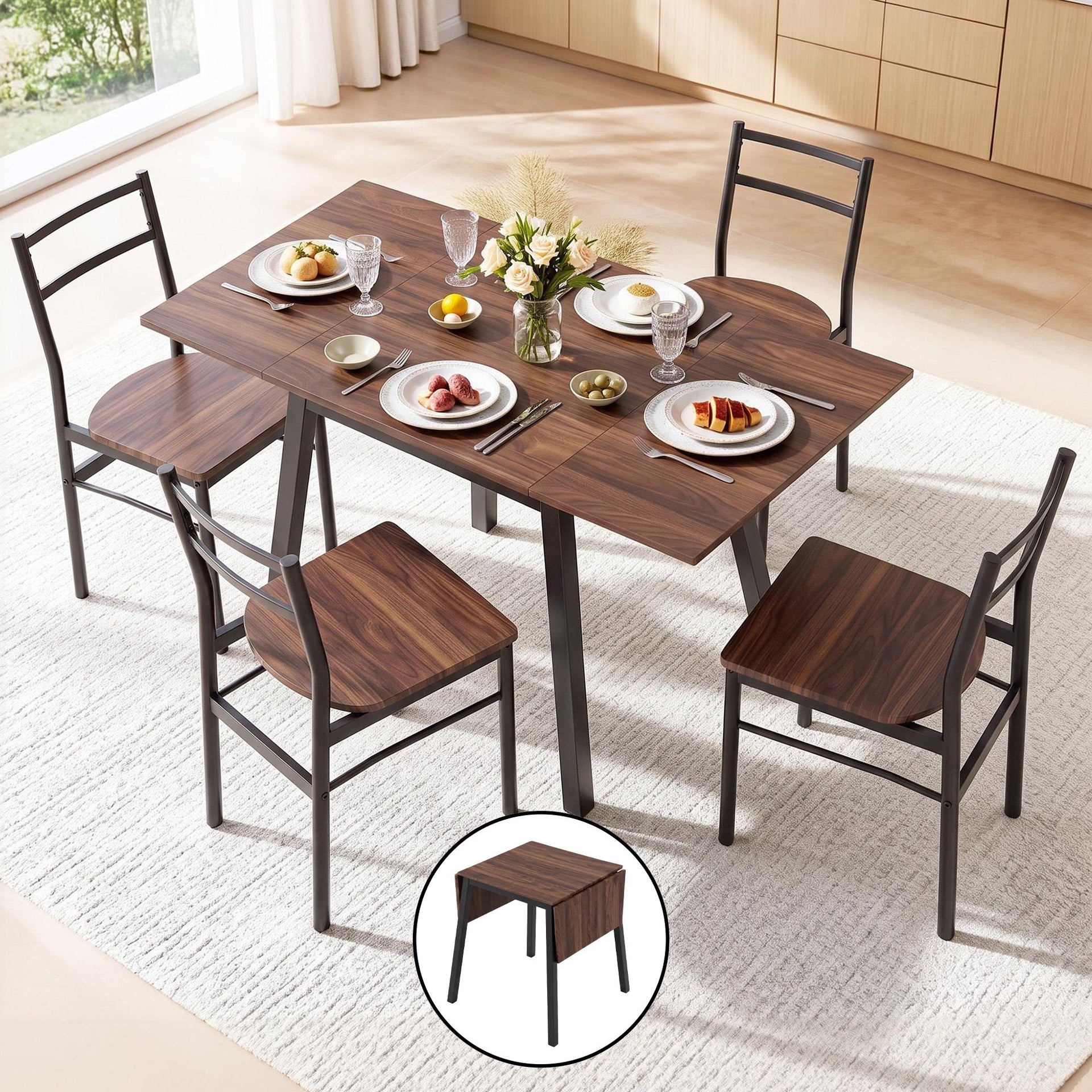 Artiss Dining Table and Chairs Set 5pcs with Extendable 60-120cm Drop-Leaf Table Brown Awezingly