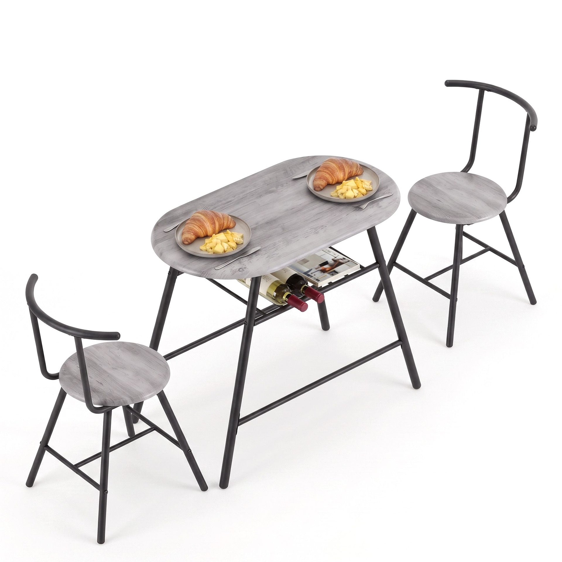 Artiss Oval Dining Table Set 3PC Space-Saving Bistro Kitchen Storage Wine Rack Grey Awezingly