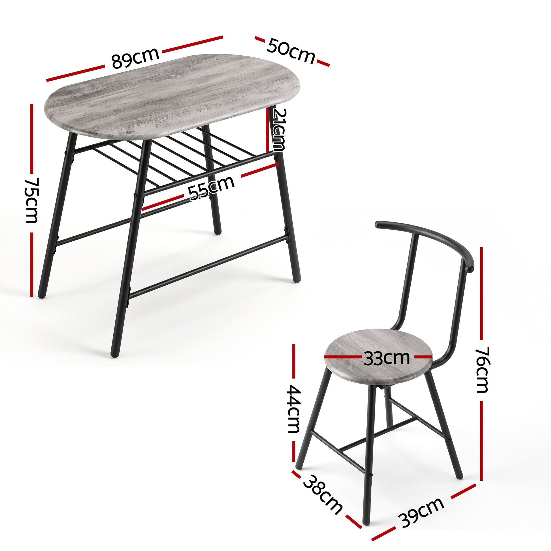Artiss Oval Dining Table Set 3PC Space-Saving Bistro Kitchen Storage Wine Rack Grey Awezingly