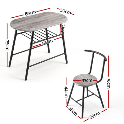 Artiss Oval Dining Table Set 3PC Space-Saving Bistro Kitchen Storage Wine Rack Grey