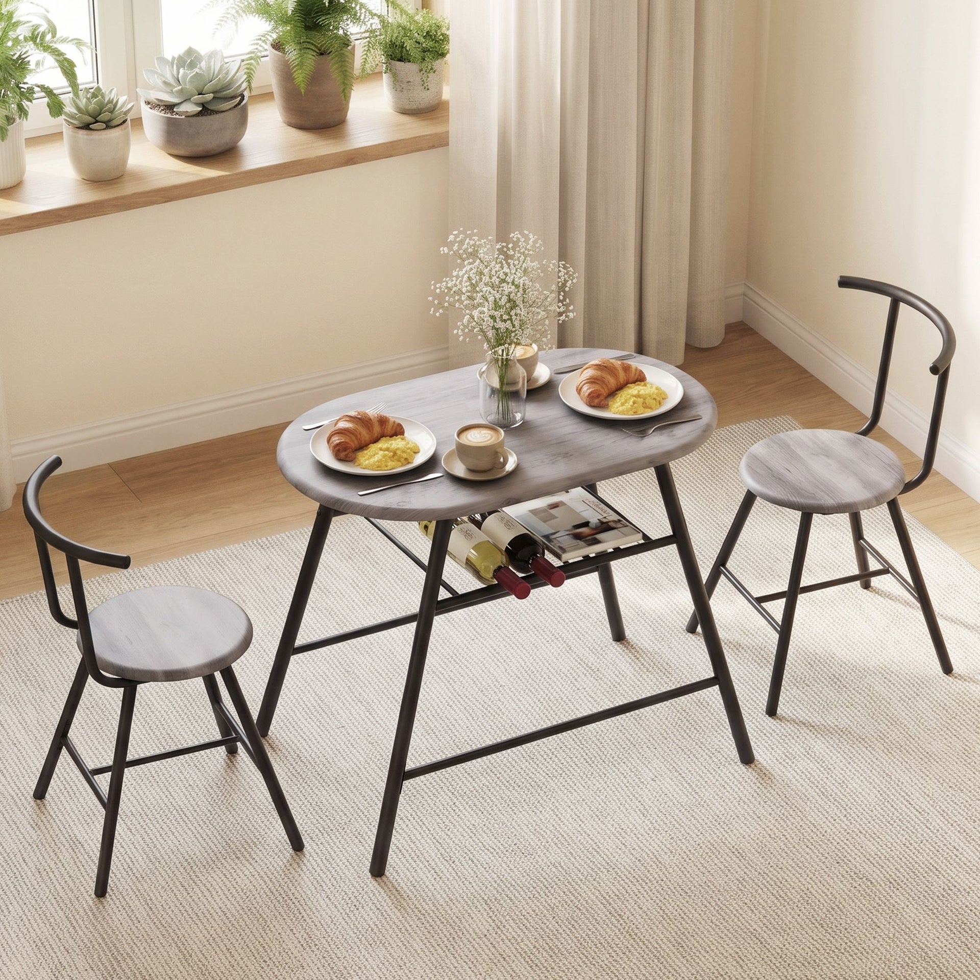 Artiss Oval Dining Table Set 3PC Space-Saving Bistro Kitchen Storage Wine Rack Grey Awezingly