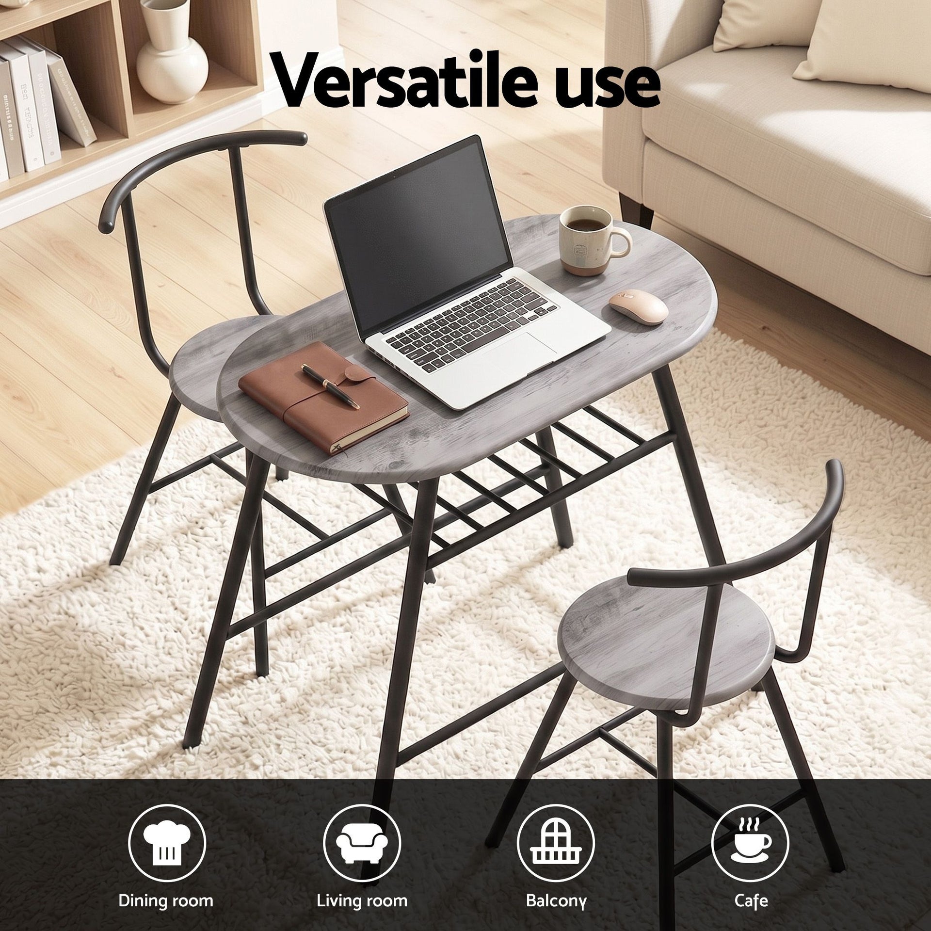 Artiss Oval Dining Table Set 3PC Space-Saving Bistro Kitchen Storage Wine Rack Grey Awezingly