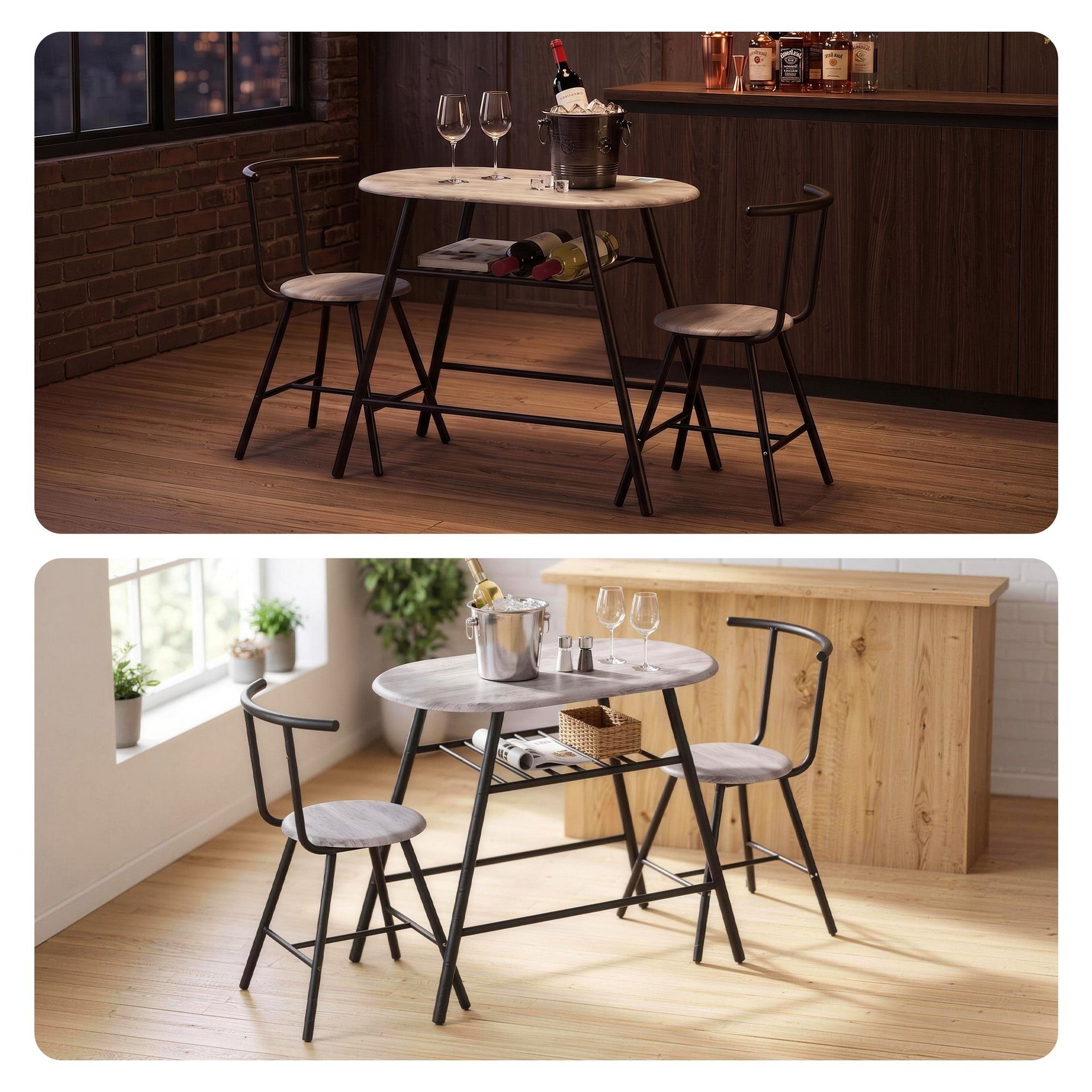 Artiss Oval Dining Table Set 3PC Space-Saving Bistro Kitchen Storage Wine Rack Grey Awezingly
