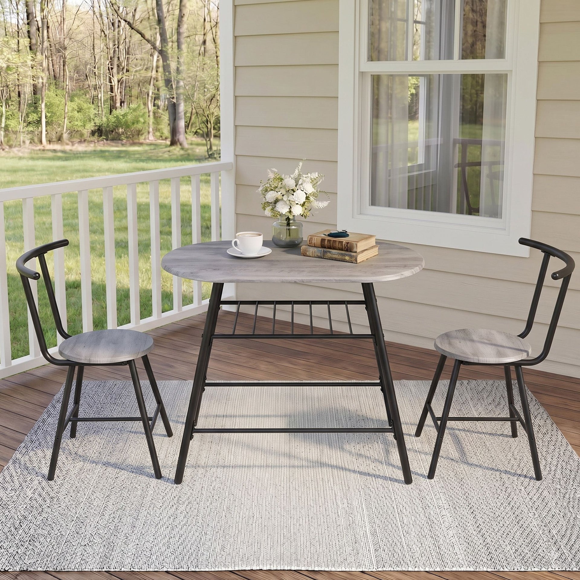 Artiss Oval Dining Table Set 3PC Space-Saving Bistro Kitchen Storage Wine Rack Grey Awezingly