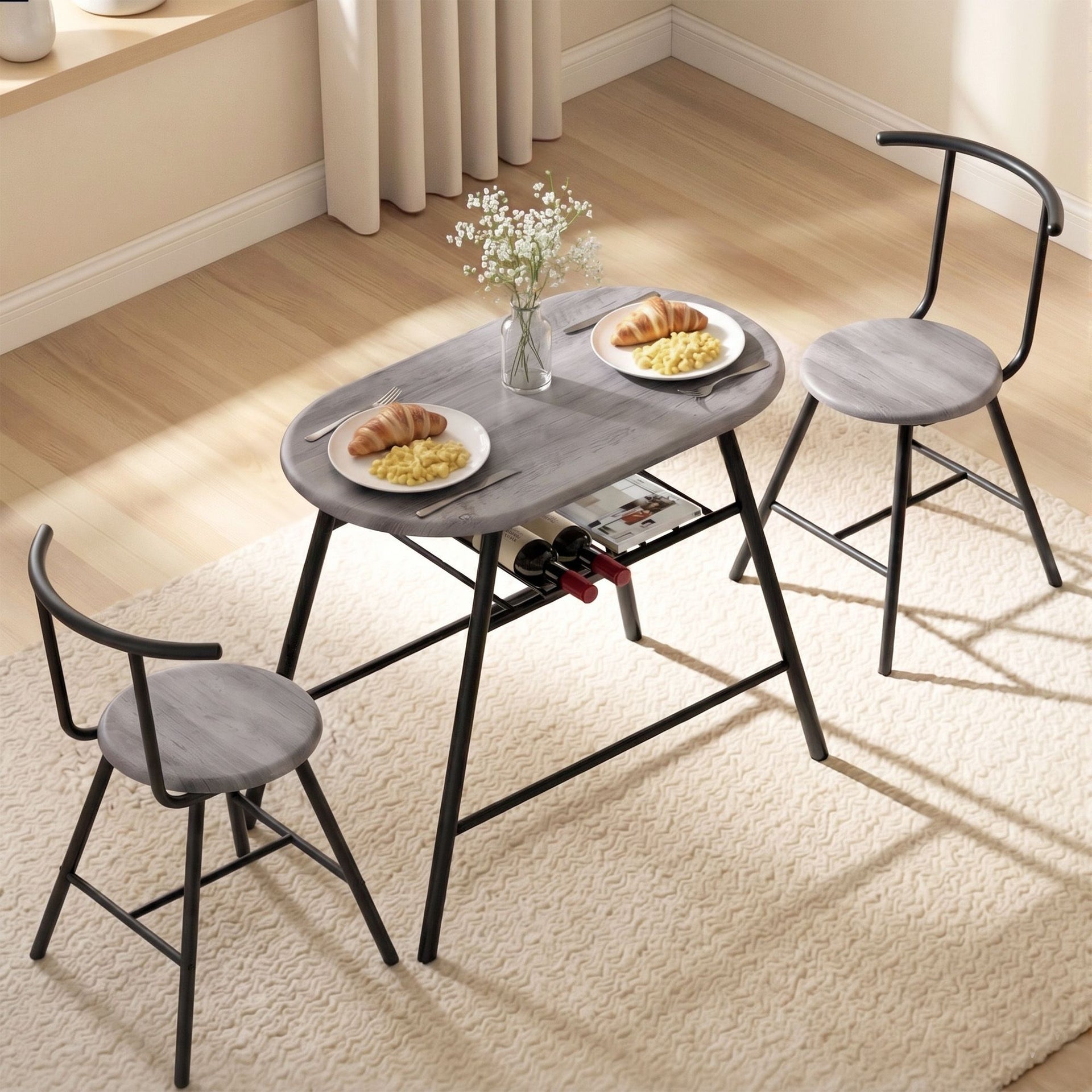 Artiss Oval Dining Table Set 3PC Space-Saving Bistro Kitchen Storage Wine Rack Grey Awezingly