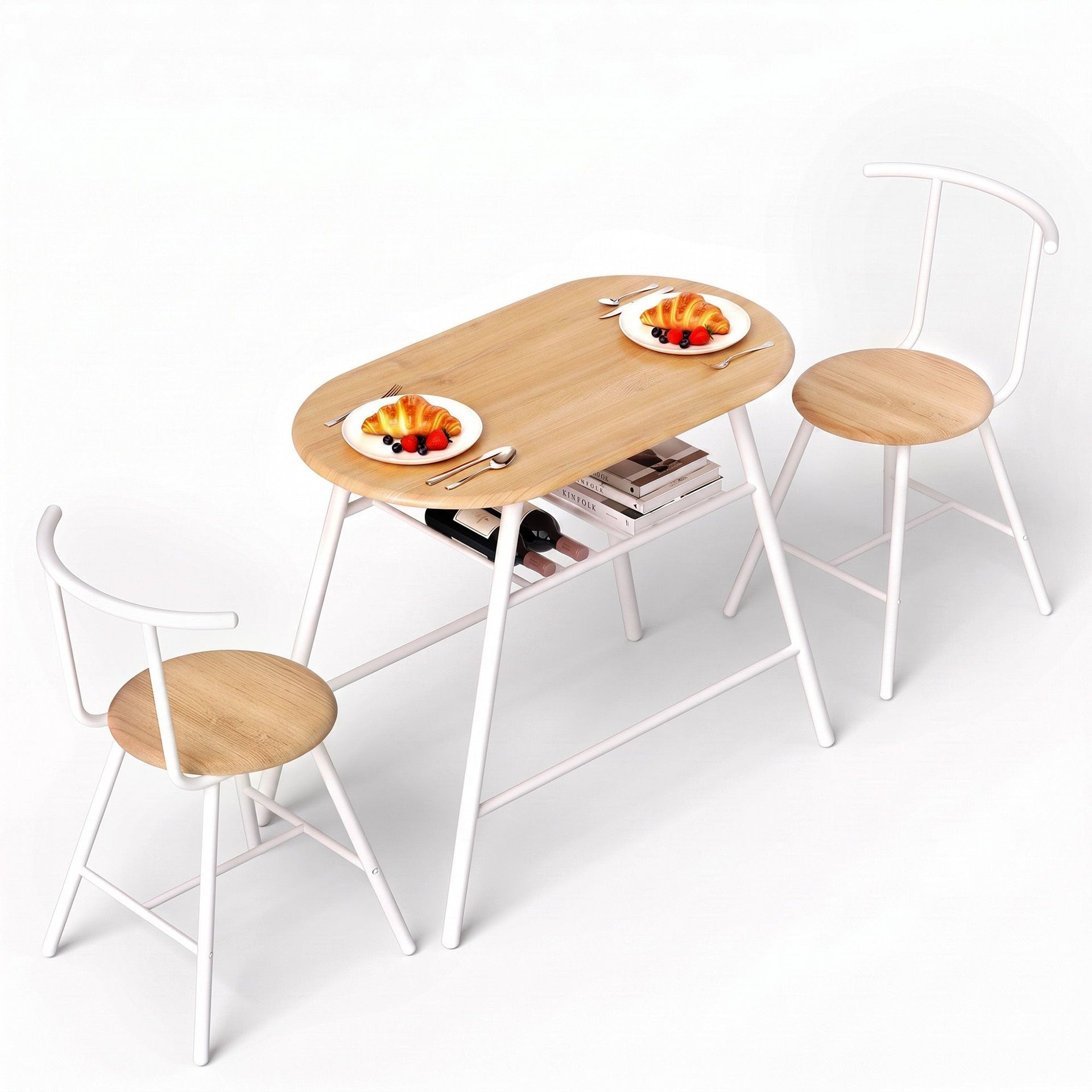 Artiss Oval Dining Table Set 3PC Space-Saving Bistro Kitchen Storage Wine Rack Natural White Awezingly