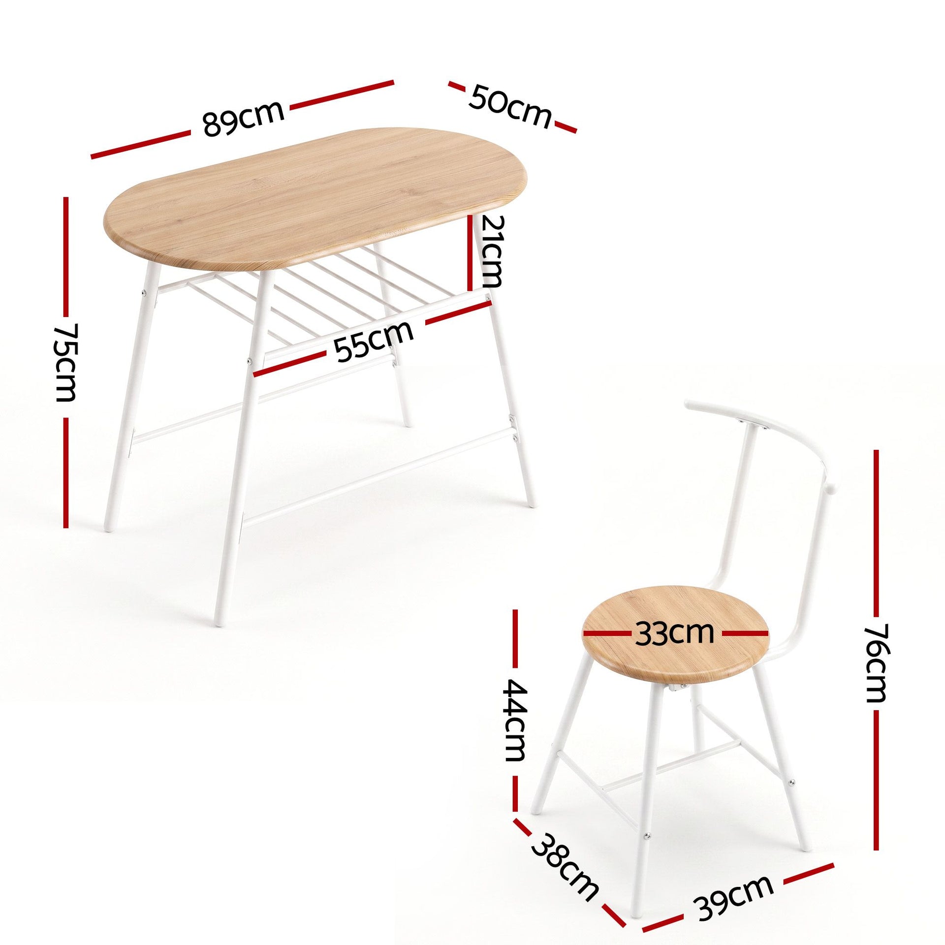 Artiss Oval Dining Table Set 3PC Space-Saving Bistro Kitchen Storage Wine Rack Natural White Awezingly