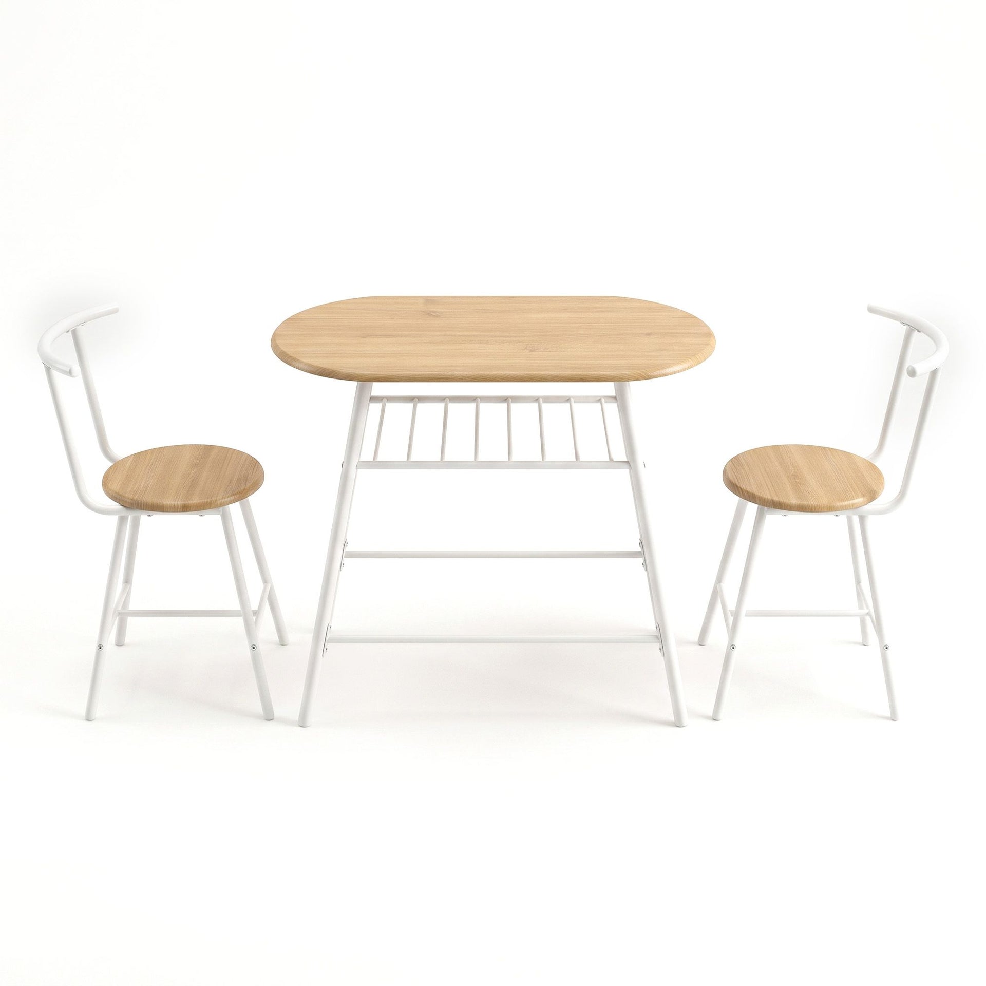 Artiss Oval Dining Table Set 3PC Space-Saving Bistro Kitchen Storage Wine Rack Natural White Awezingly