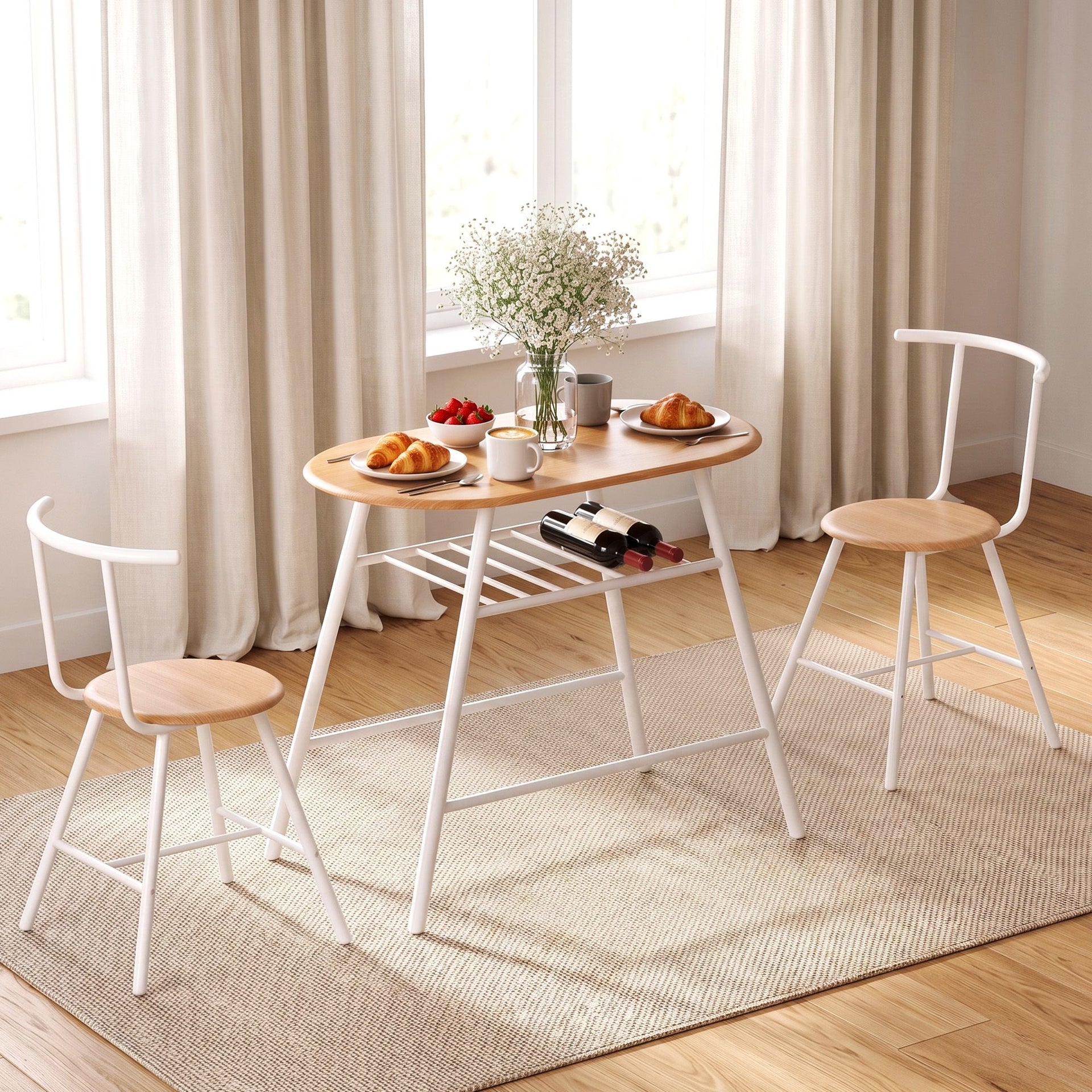 Artiss Oval Dining Table Set 3PC Space-Saving Bistro Kitchen Storage Wine Rack Natural White Awezingly