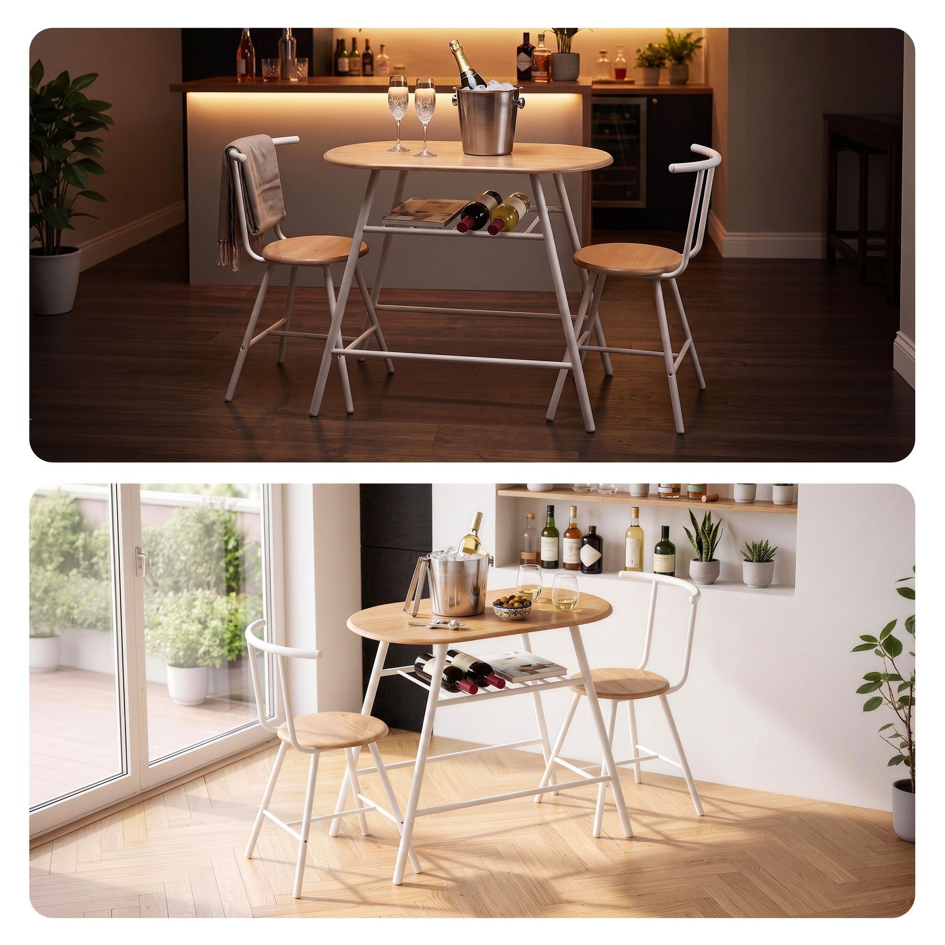 Artiss Oval Dining Table Set 3PC Space-Saving Bistro Kitchen Storage Wine Rack Natural White Awezingly