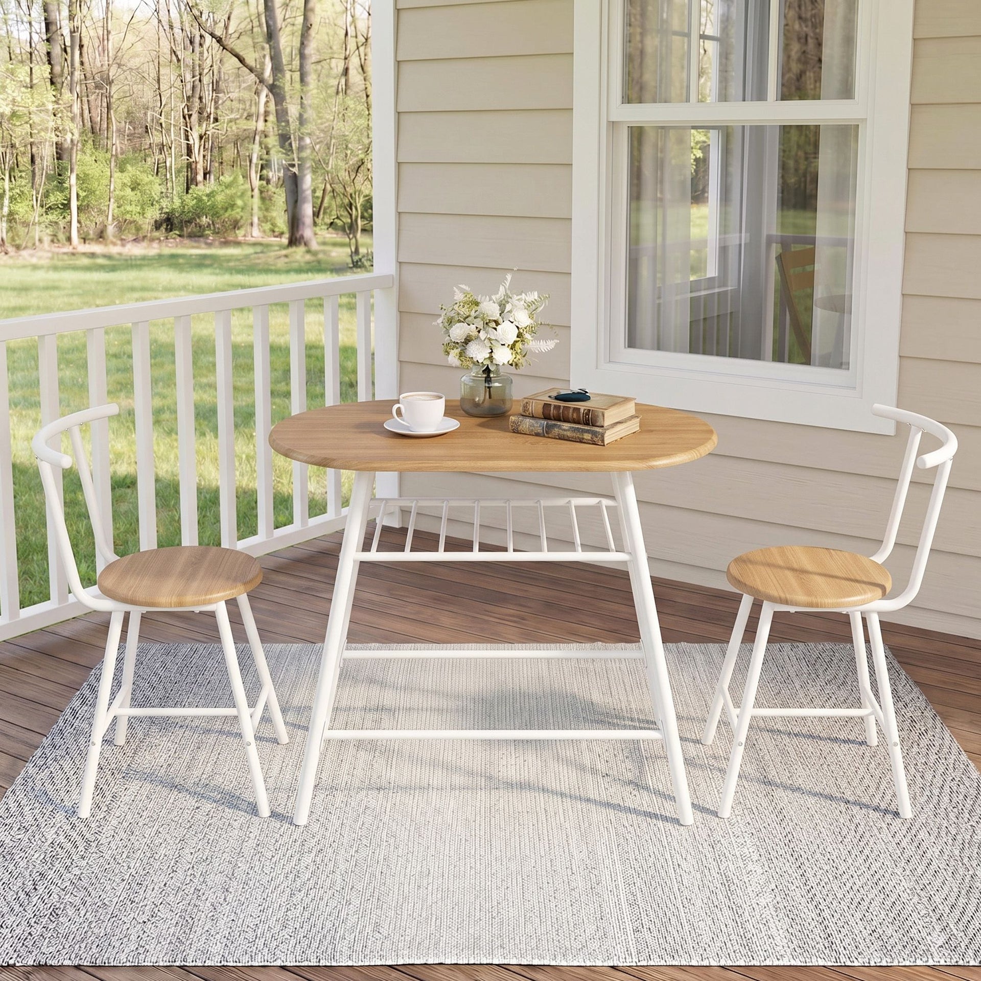 Artiss Oval Dining Table Set 3PC Space-Saving Bistro Kitchen Storage Wine Rack Natural White Awezingly