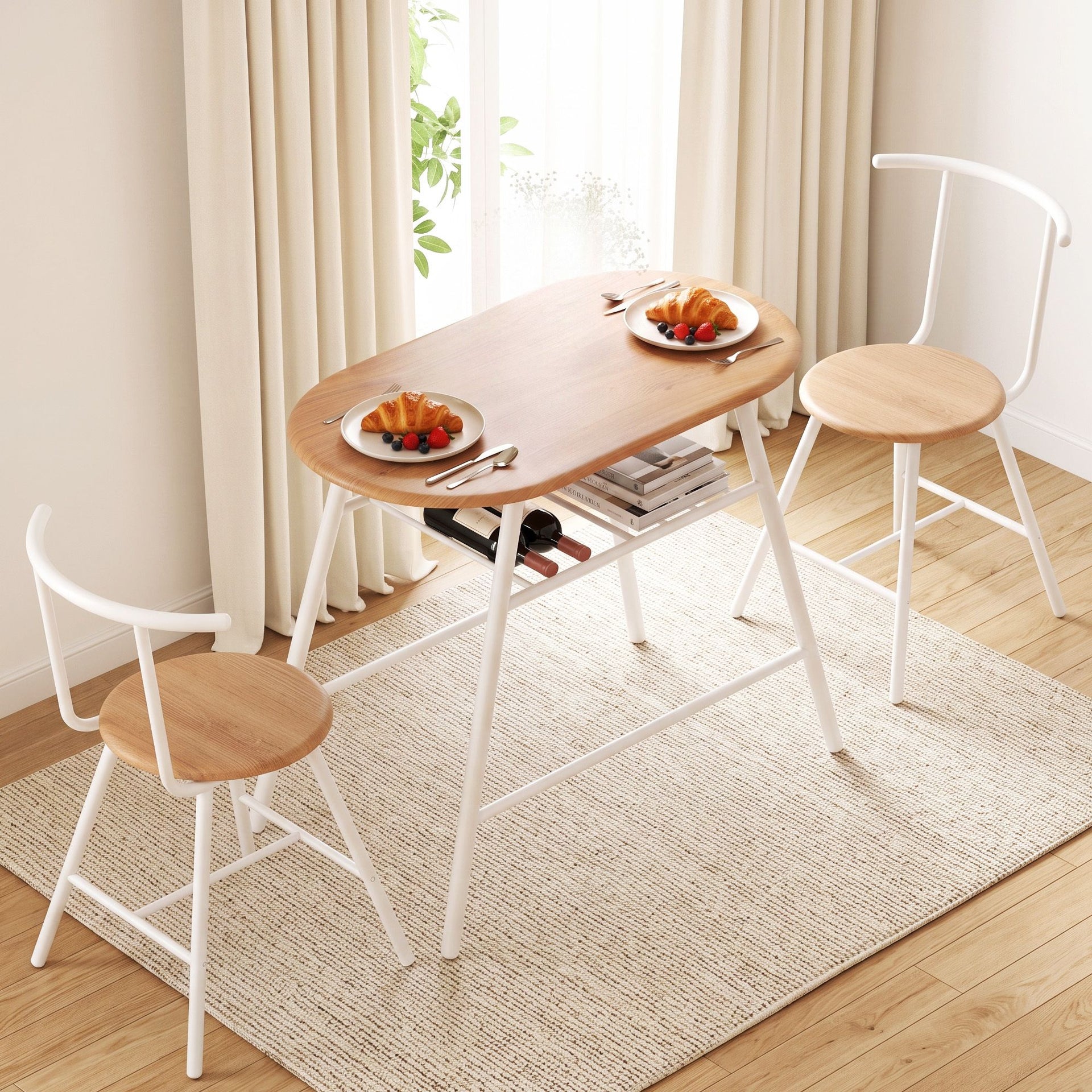 Artiss Oval Dining Table Set 3PC Space-Saving Bistro Kitchen Storage Wine Rack Natural White Awezingly