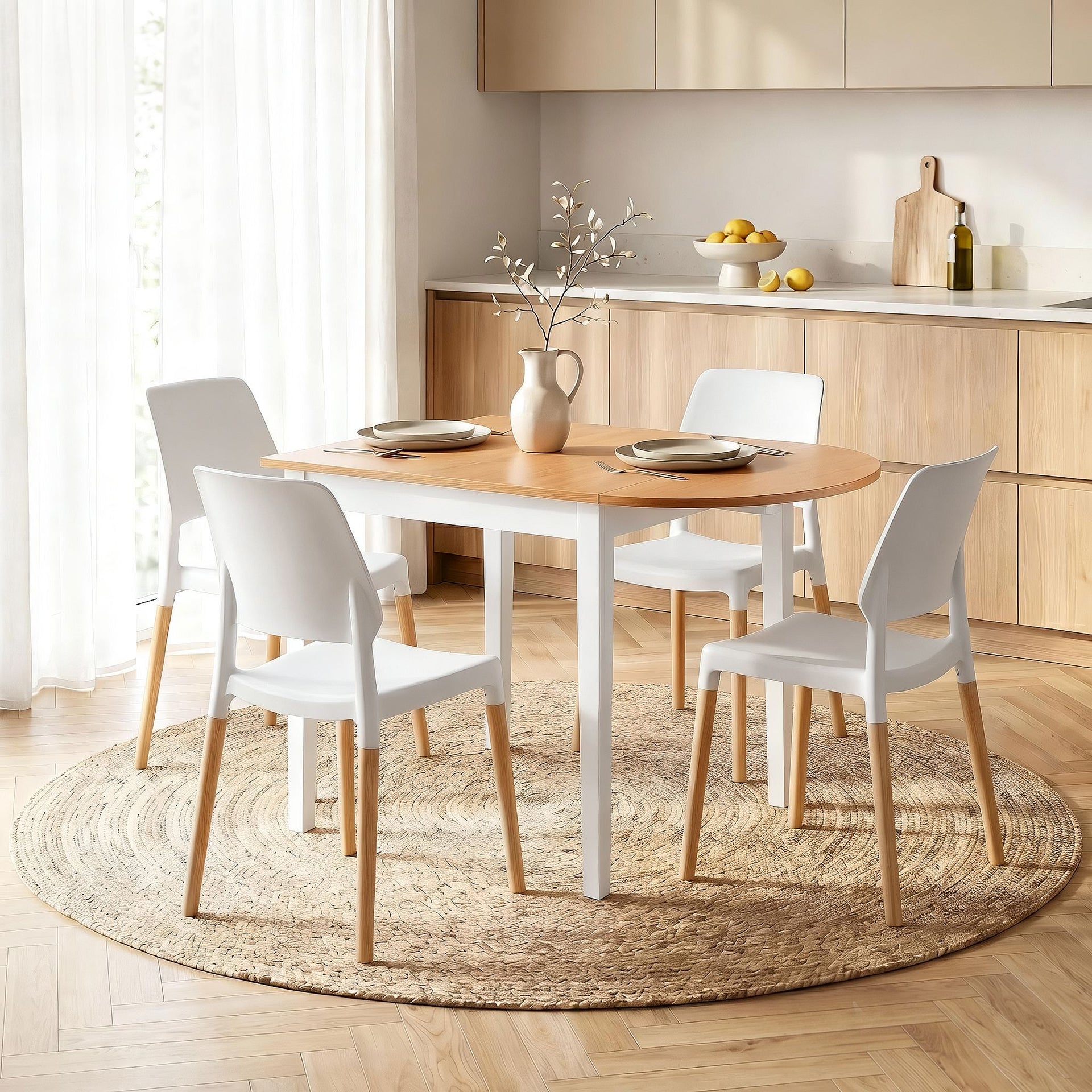 Artiss Dining Table and Chairs Set 5PCS, 75-110cm Drop-Leaf Table, with 4 Dining Chairs White Wooden, 4 Seater Dining Table Set for Kitchen, Apartment, Café Awezingly
