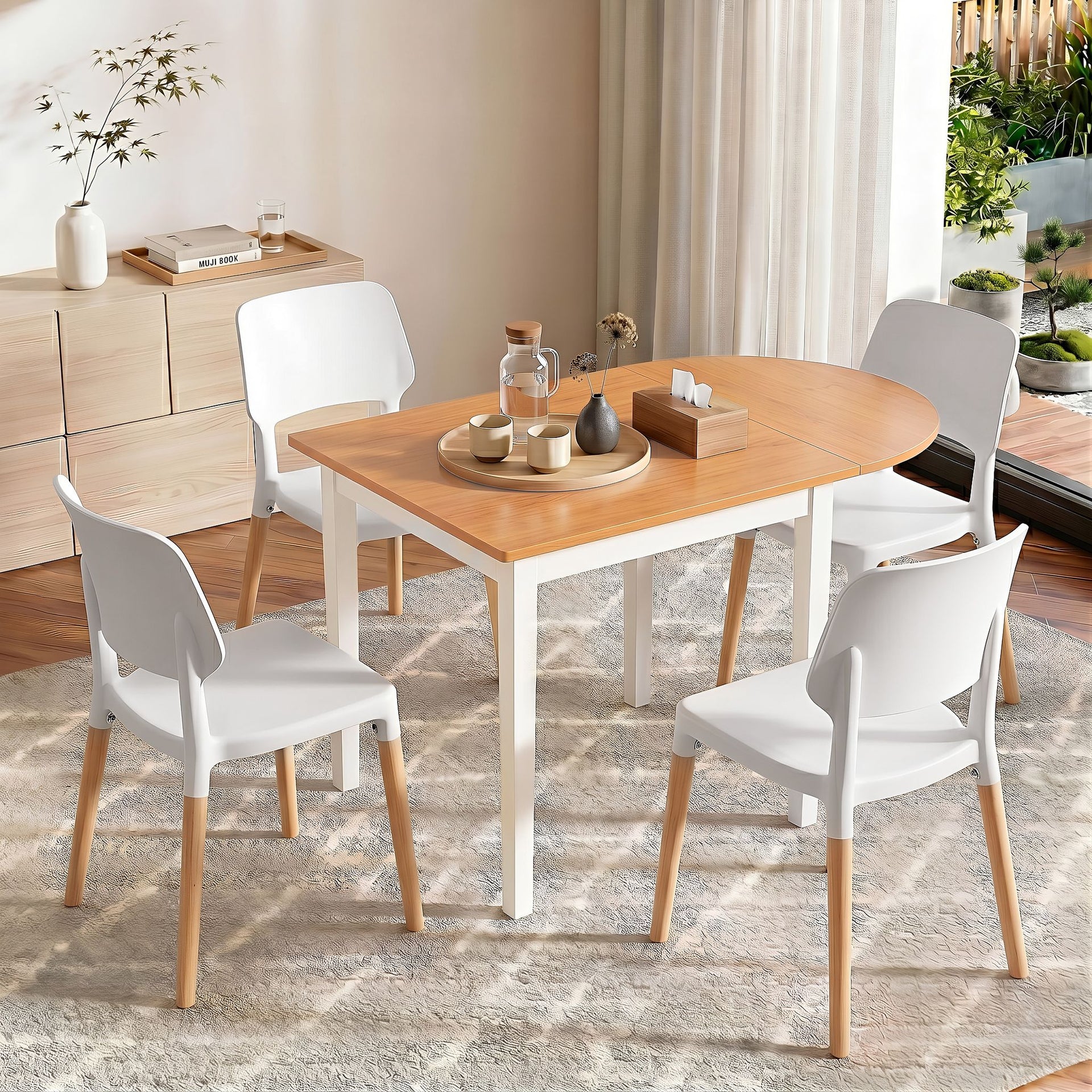 Artiss Dining Table and Chairs Set 5PCS, 75-110cm Drop-Leaf Table, with 4 Dining Chairs White Wooden, 4 Seater Dining Table Set for Kitchen, Apartment, Café Awezingly