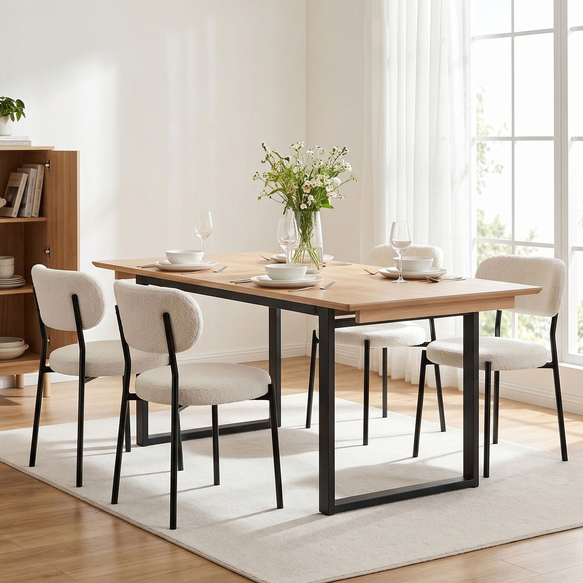 Artiss 200cm Extendable Dining Table Set with 4x Dining Chairs Sherpa White Awezingly