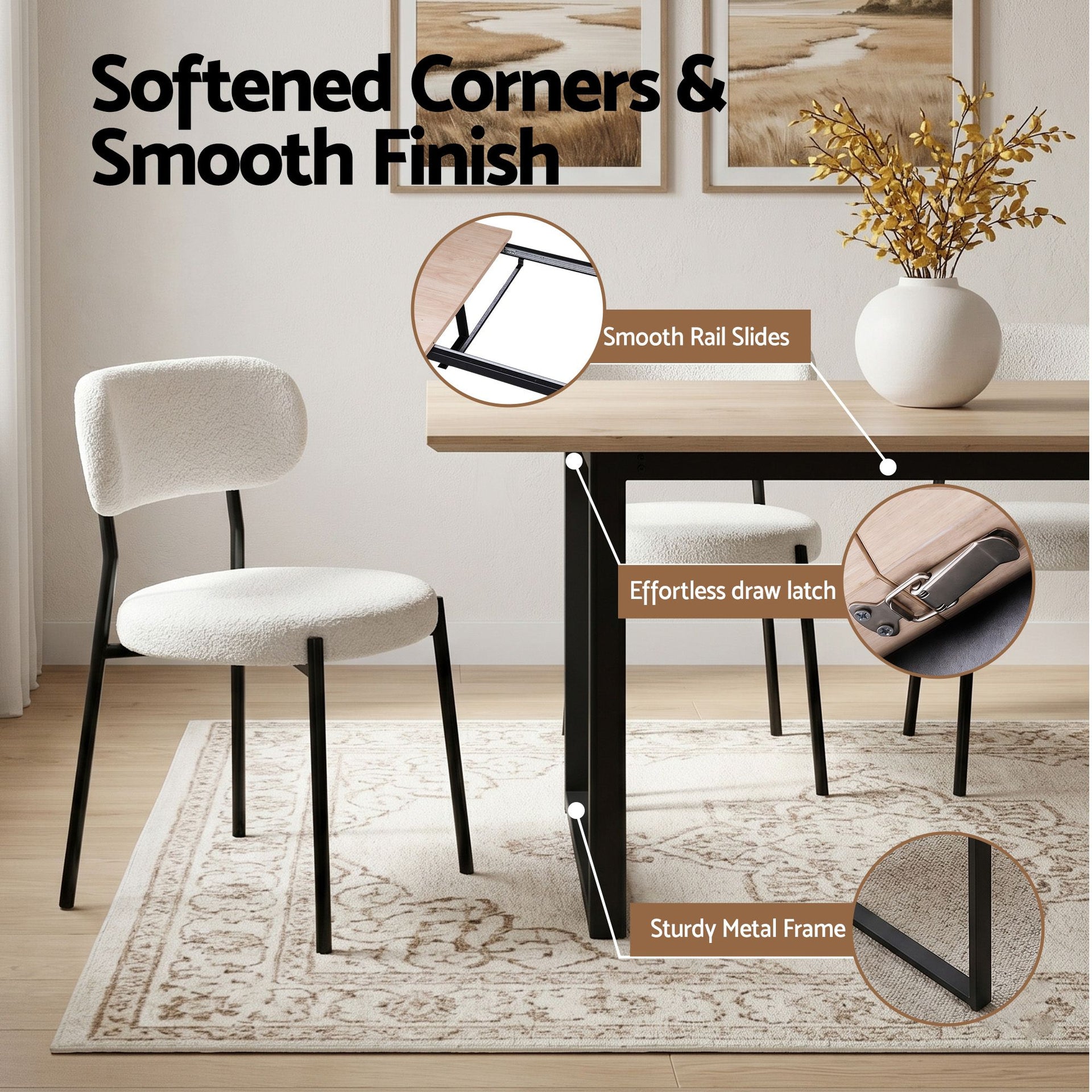 Artiss 200cm Extendable Dining Table Set with 4x Dining Chairs Sherpa White Awezingly
