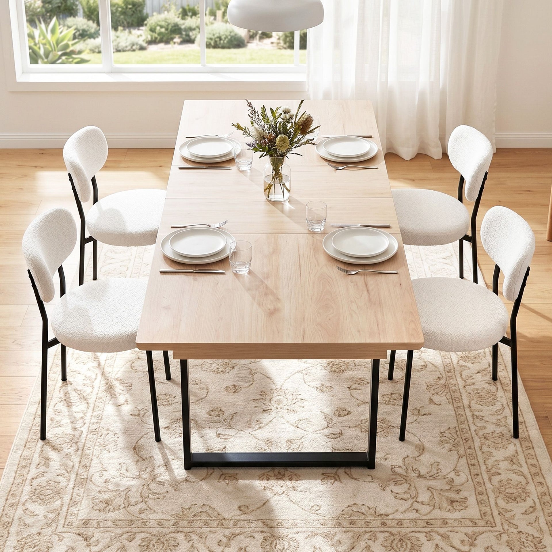 Artiss 200cm Extendable Dining Table Set with 4x Dining Chairs Sherpa White Awezingly