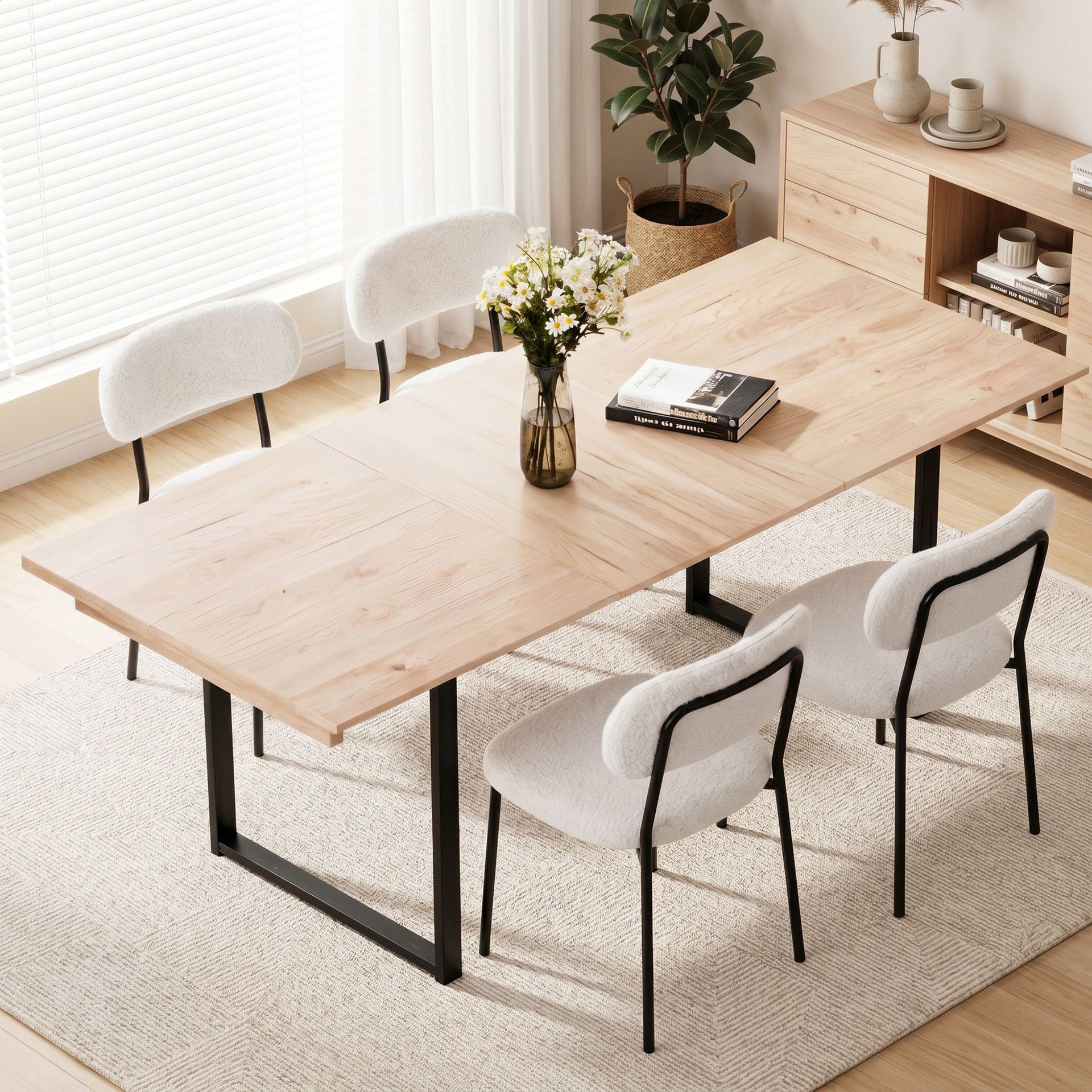 Artiss 200cm Extendable Dining Table Set with 4x Dining Chairs Sherpa White Awezingly
