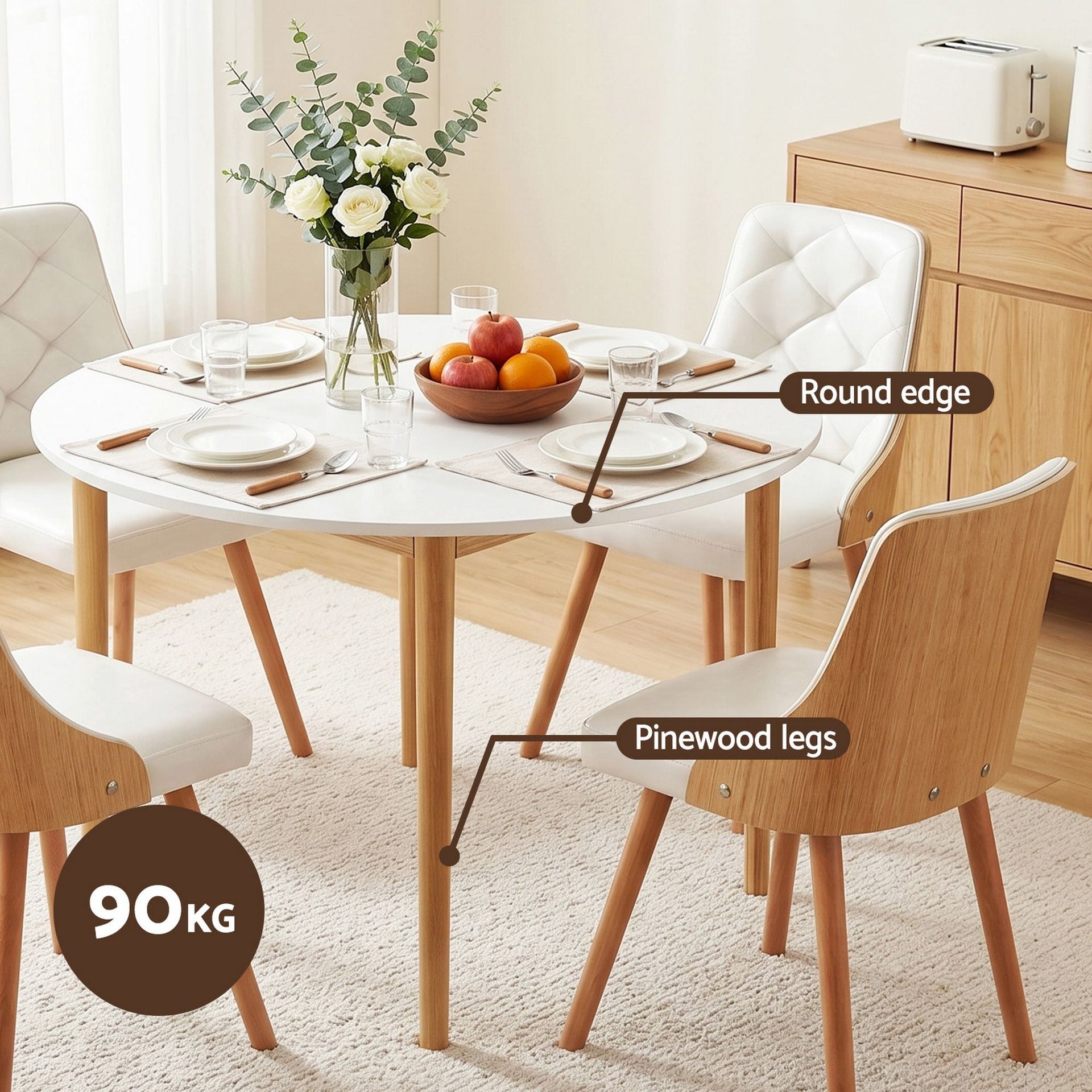 Artiss Dining Table and Chairs Set 5PCS Round 4 PU Leather Seater Dining Set White Awezingly