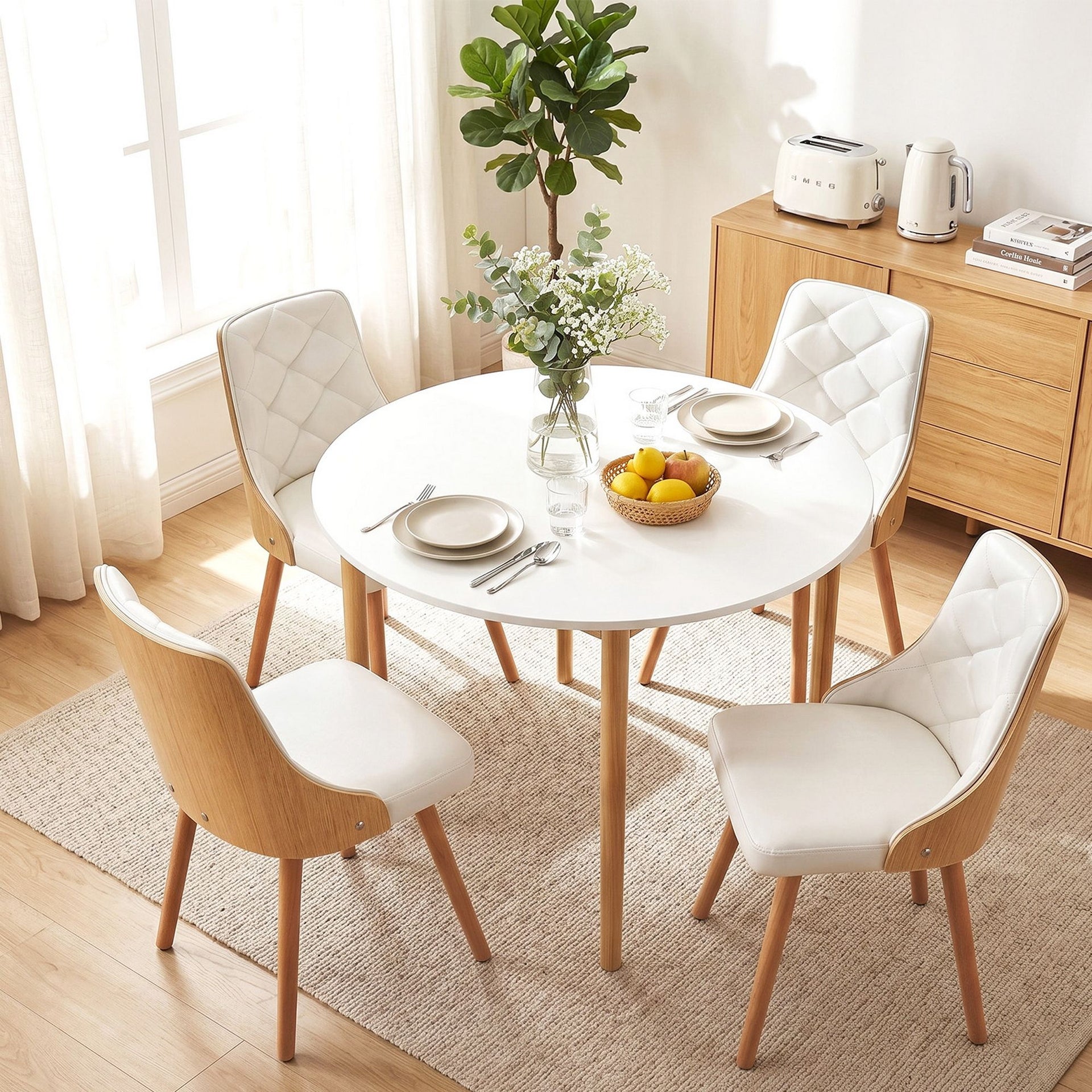 Artiss Dining Table and Chairs Set 5PCS Round 4 PU Leather Seater Dining Set White Awezingly